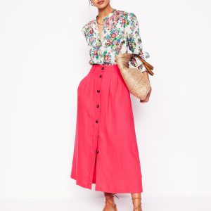 Thomasina Linen Midi Skirt-Camelia Pink