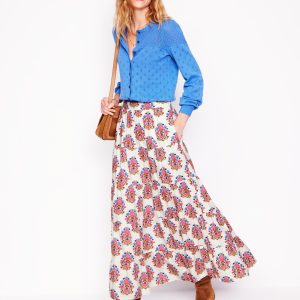 Nadia Poplin Maxi Skirt-Ivory. Wildflower Stamp