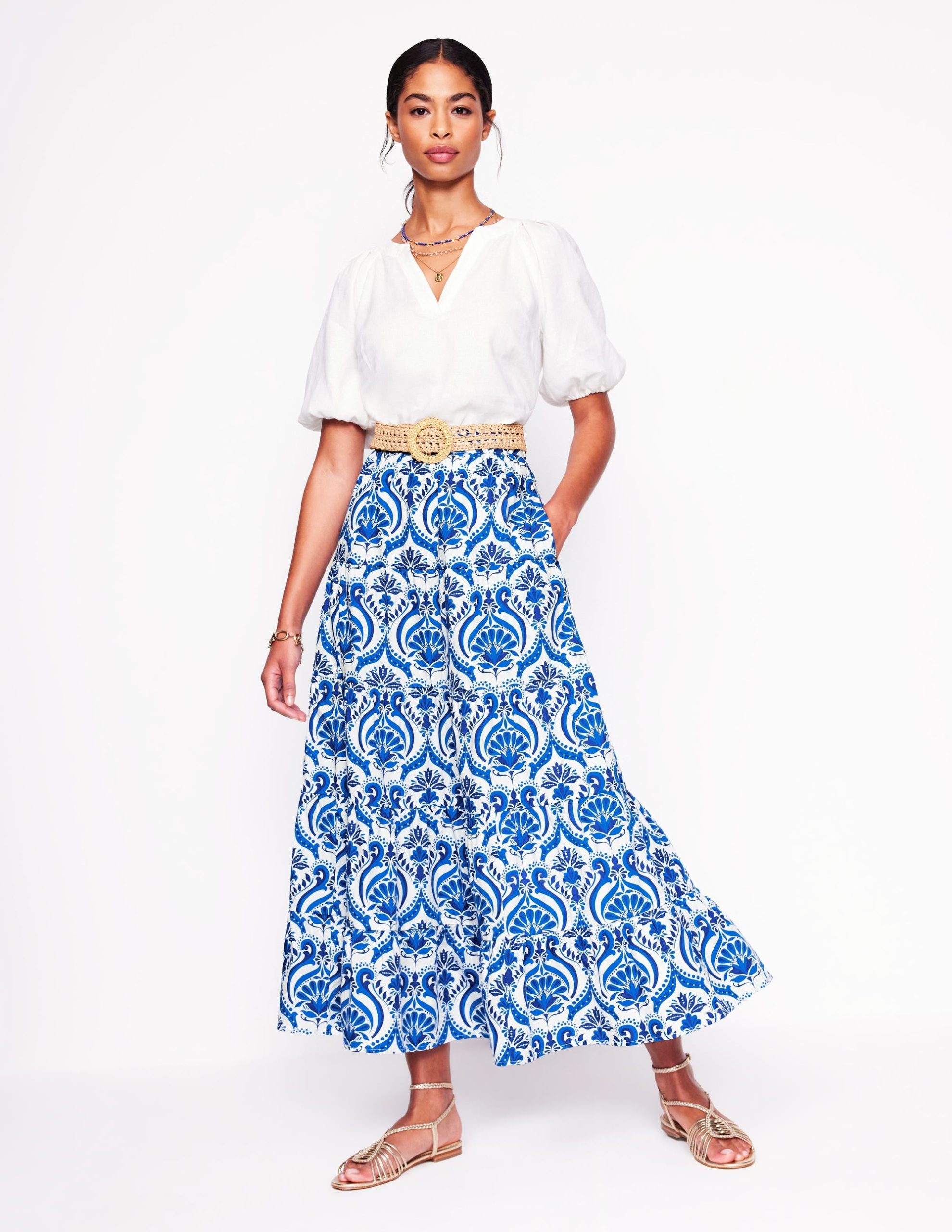 Nadia Poplin Maxi Skirt-Blue. Ornamental Floral