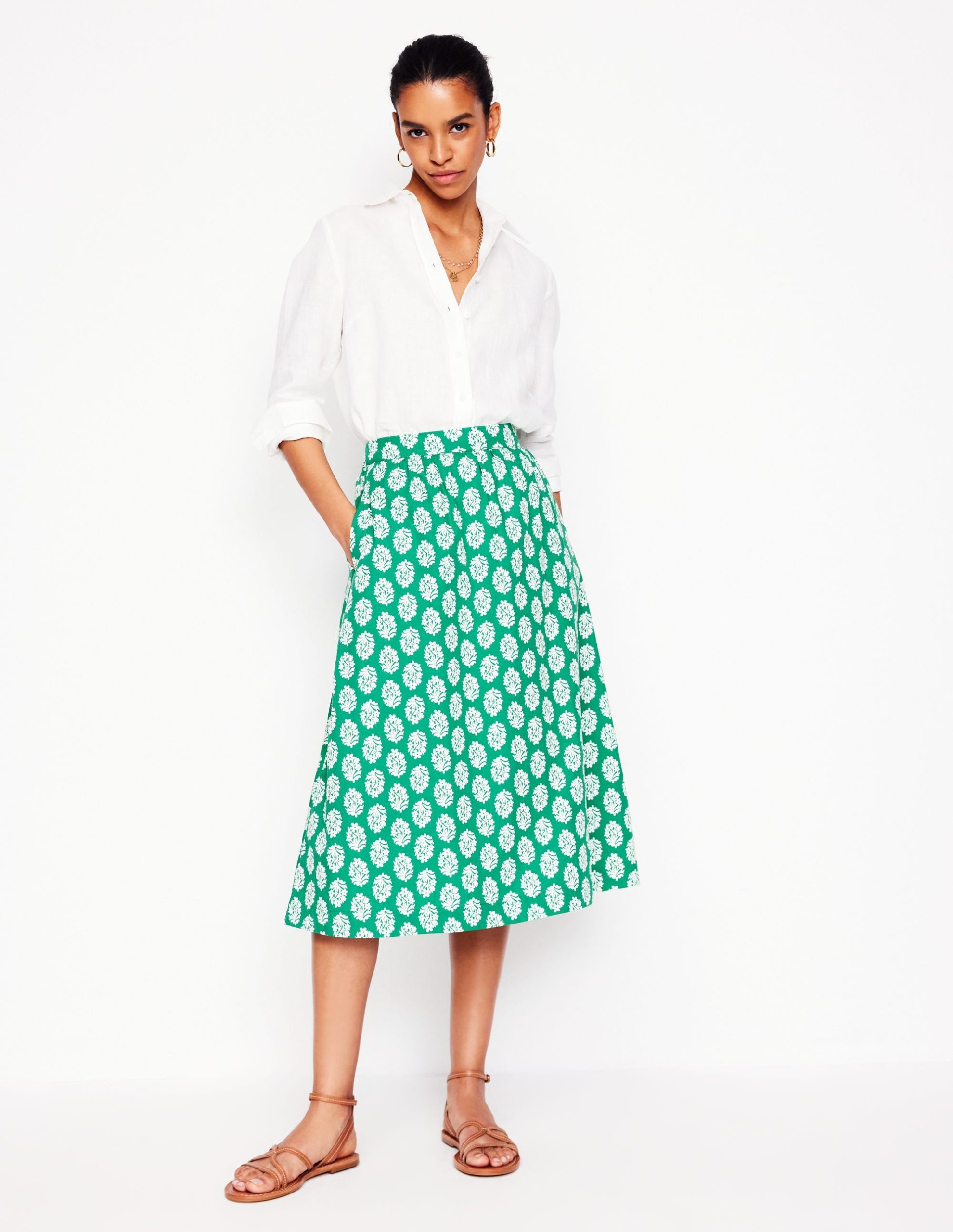 Hattie Poplin Midi Skirt-Rich Emerald. Posy Stamp