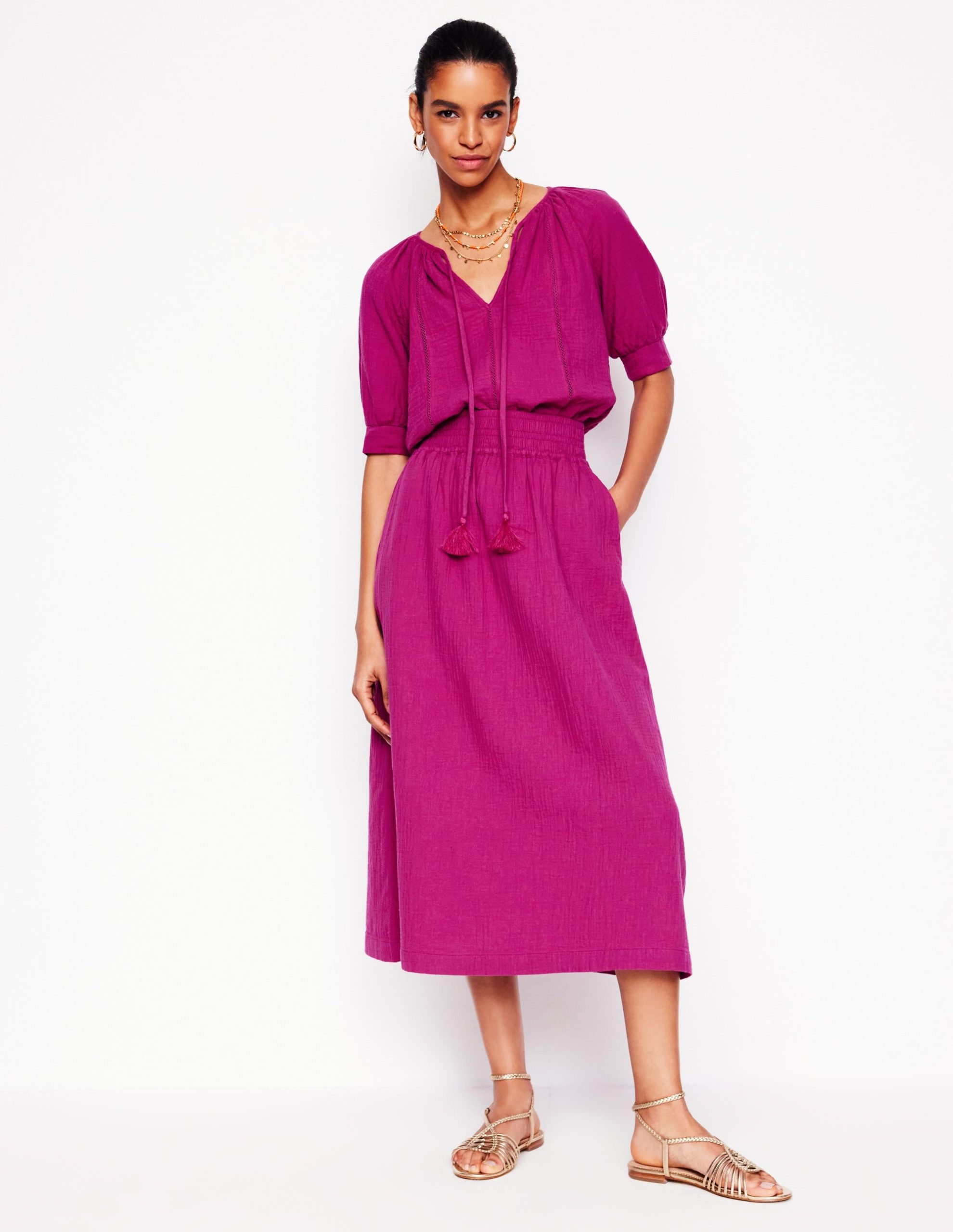 Double Cloth Smocked Skirt-Fuchsia