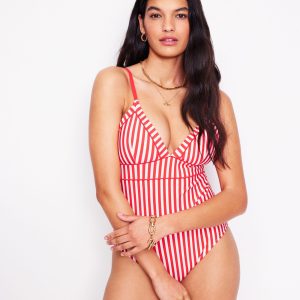 Kasos String V Neck Swimsuit-Coral Punch/ Ivory Stripe