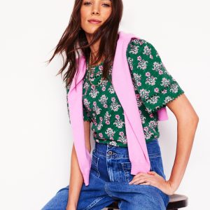 Mila Trim Detail Top-Forest Grass. Pansy Stamp