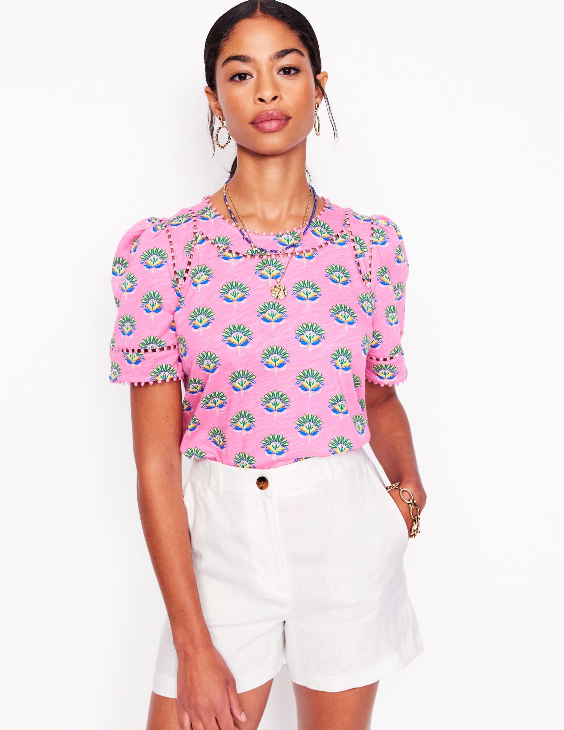 Mila Trim Detail Top-Pink. Ornamental Floral Sprig - Image 2