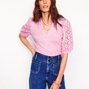 Eden Puff Sleeve Henley Top-Soft Pink