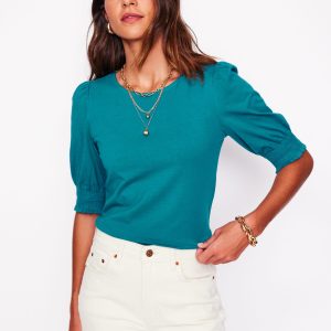 Short Sleeve Smocked Cuff Top-Deep Sea Green