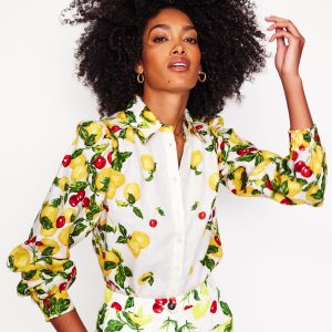 Placement Print Linen Shirt-Ivory. Cherries and Lemons
