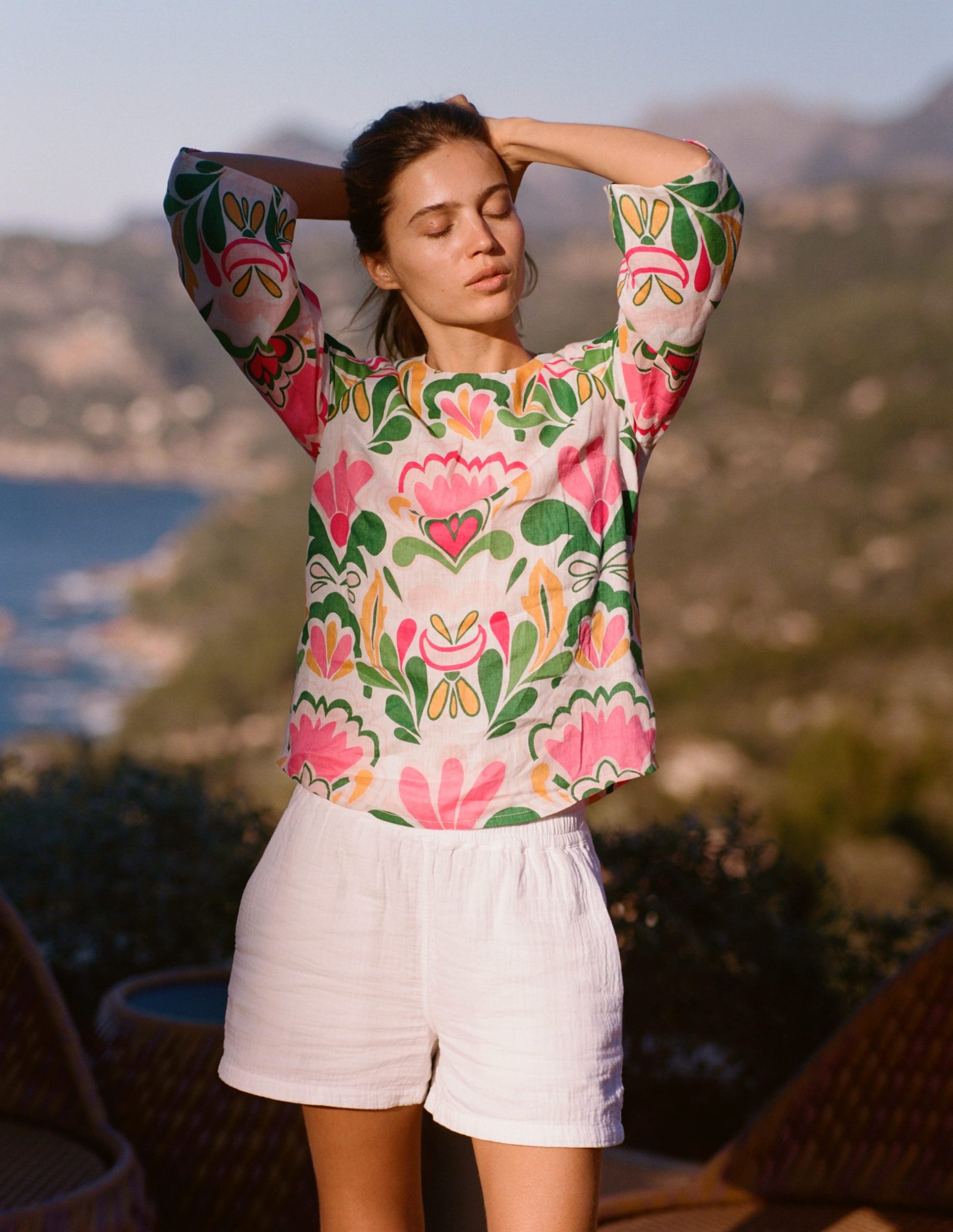 Fluted Sleeve Linen Top-Multi. Freesia Stamp - Image 2