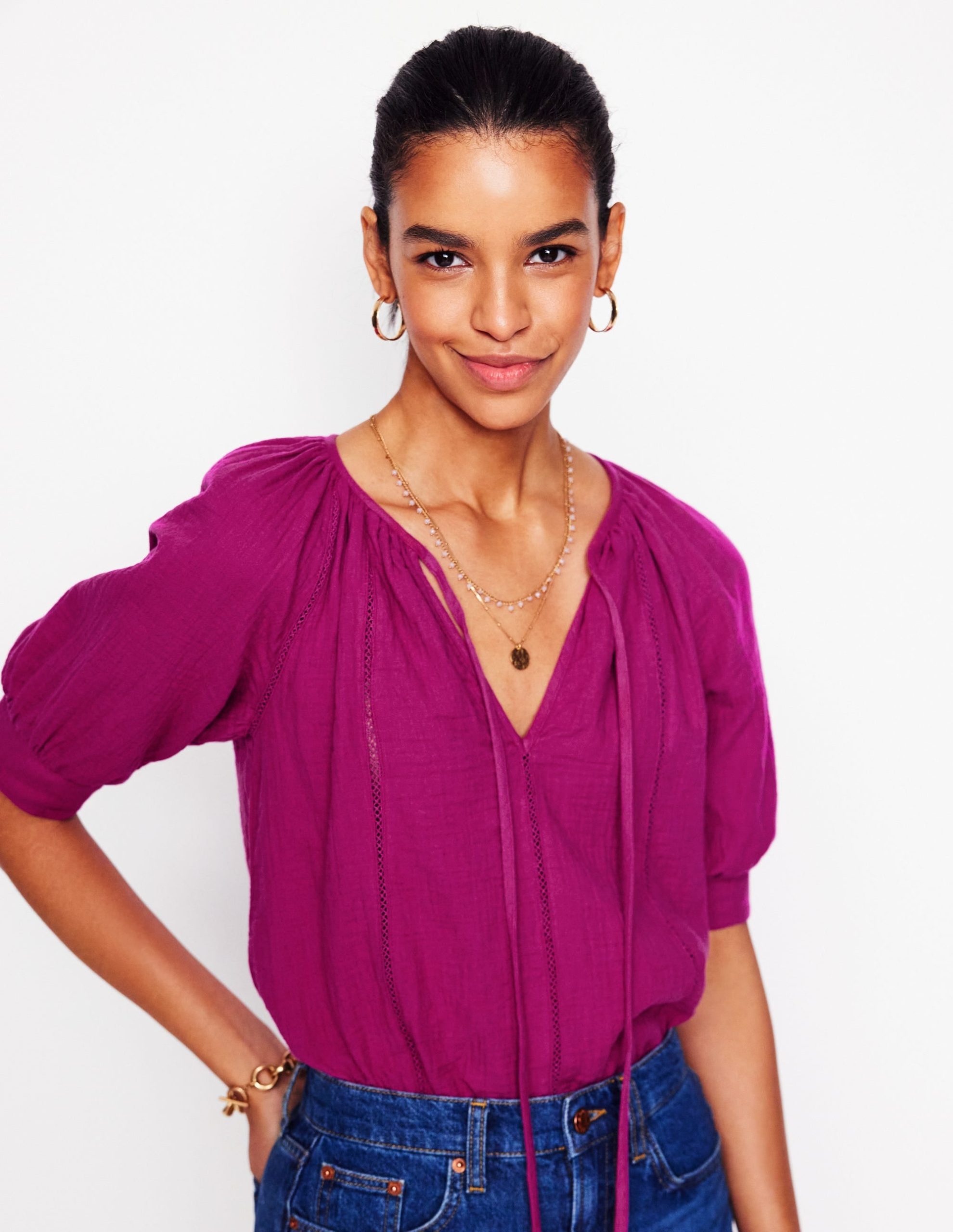 Trim Insert Double Cloth Top-Fuschia - Image 2