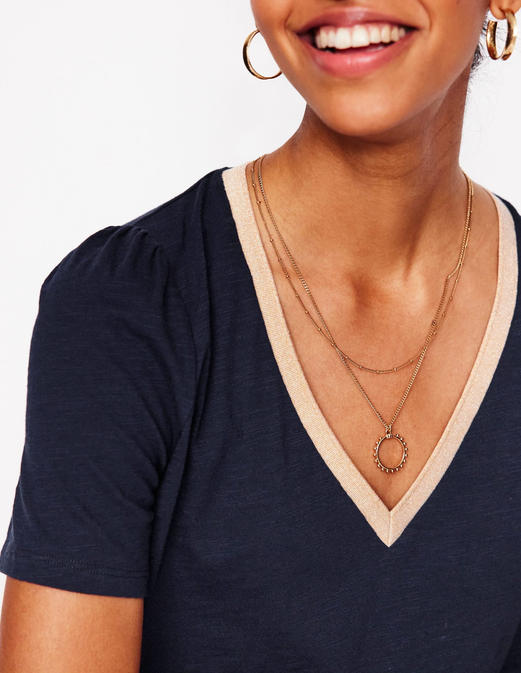 Metallic Trim V Neck T-shirt-Navy - Image 3