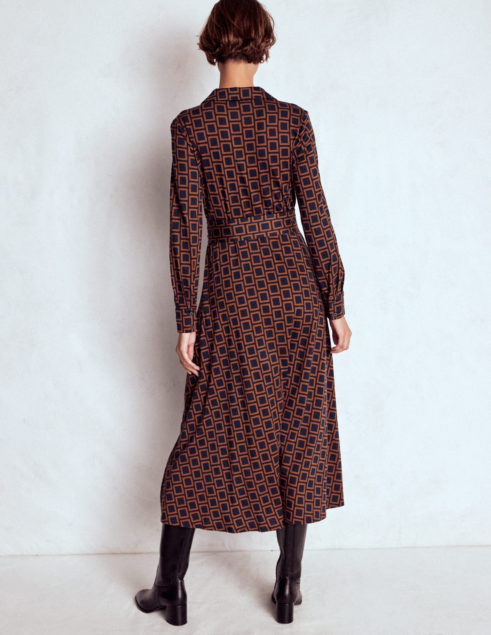 Marcia Jersey Shirt Dress-French Navy. Square Geometric - Image 4