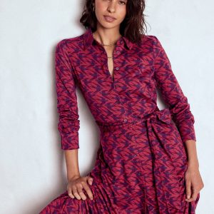 Marcia Jersey Shirt Dress-Burgundy Red. Swooping Swallow