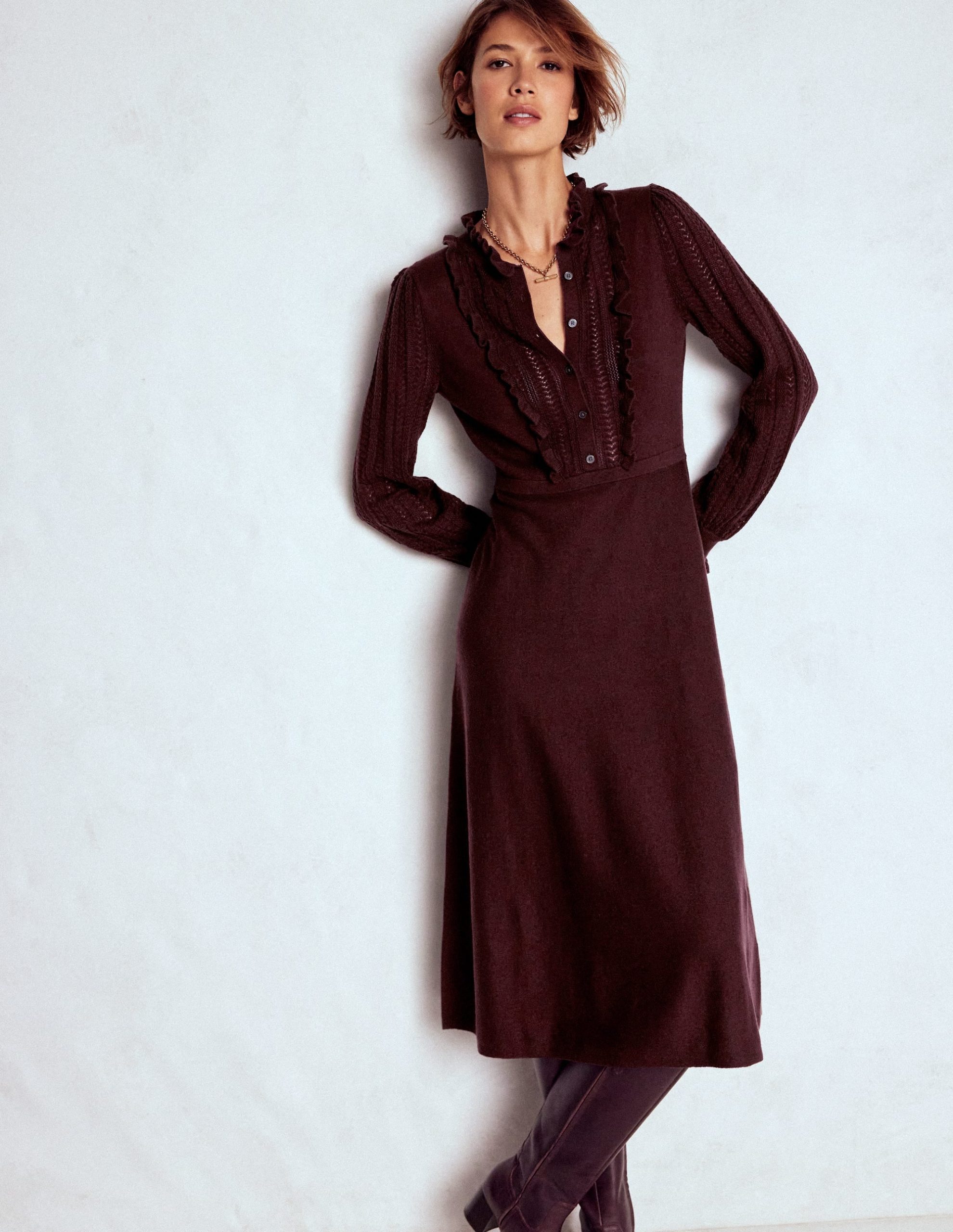 Winifred Frilled Knitted Dress-Coffee Bean - Image 4