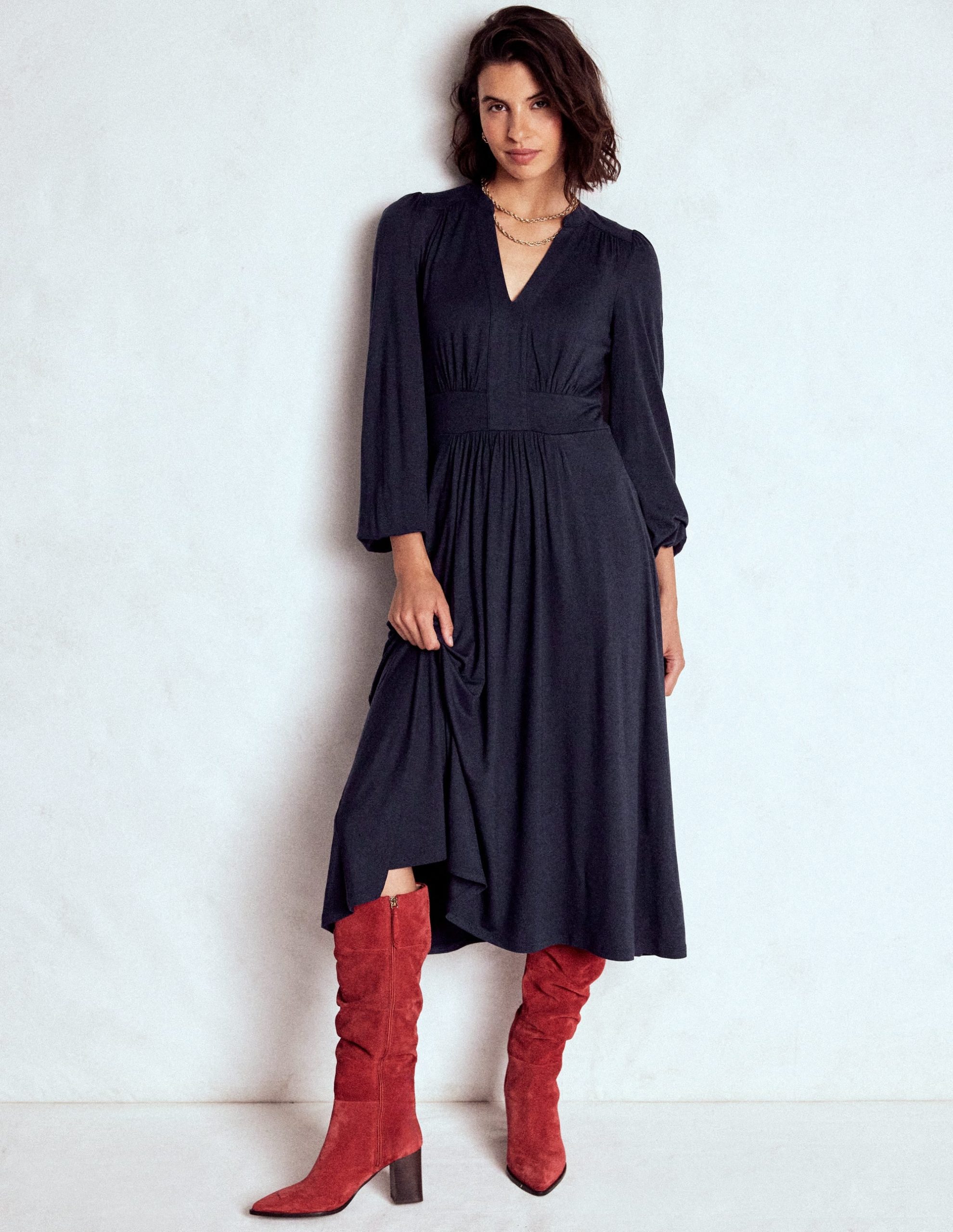 Lily Long Sleeve Midi Dress-Navy - Image 4