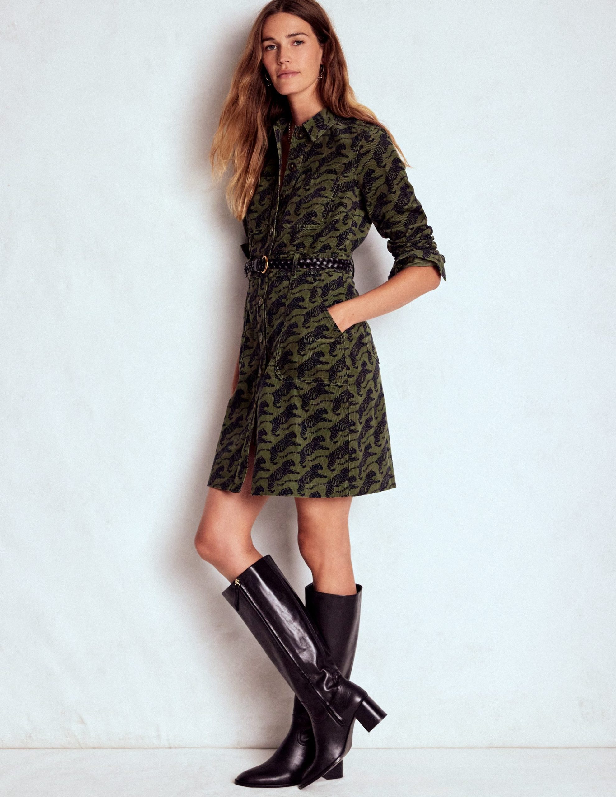 Amanda Cord Short Dress-Woodland Green. Leaping Tiger