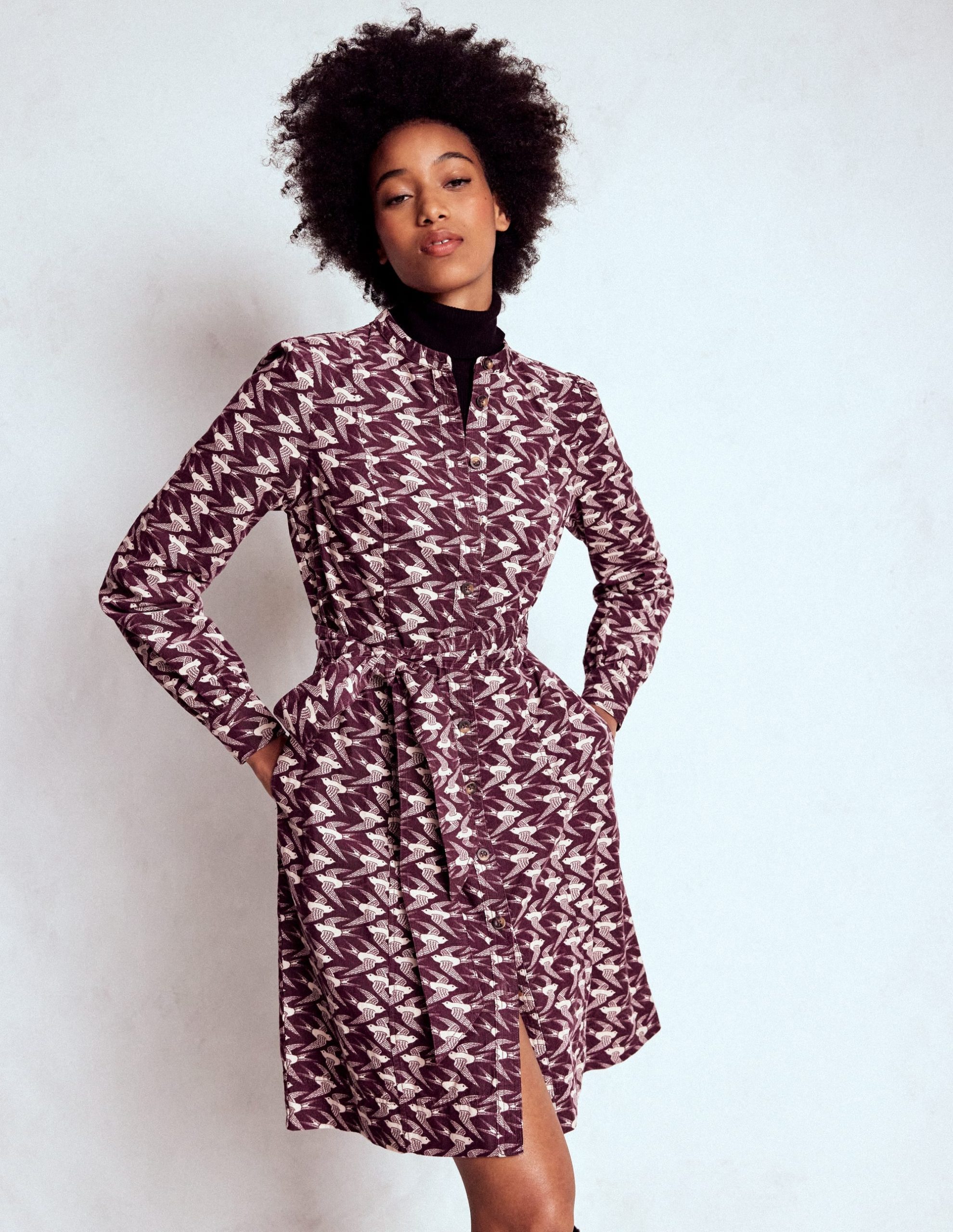 Bre Cord Short Dress-Dark Cherry. Swooping Swallow