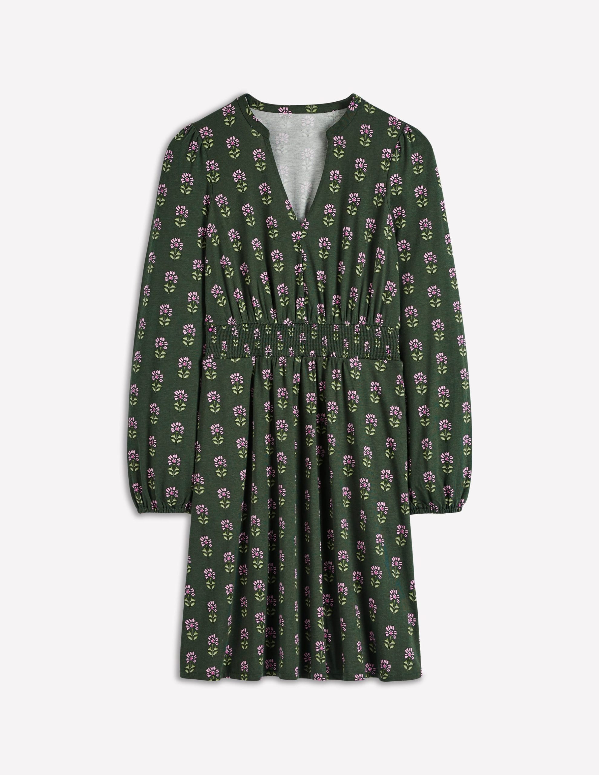 Sarah Short Jersey Dress-Winter Moss. Woodblock Floral - Image 7