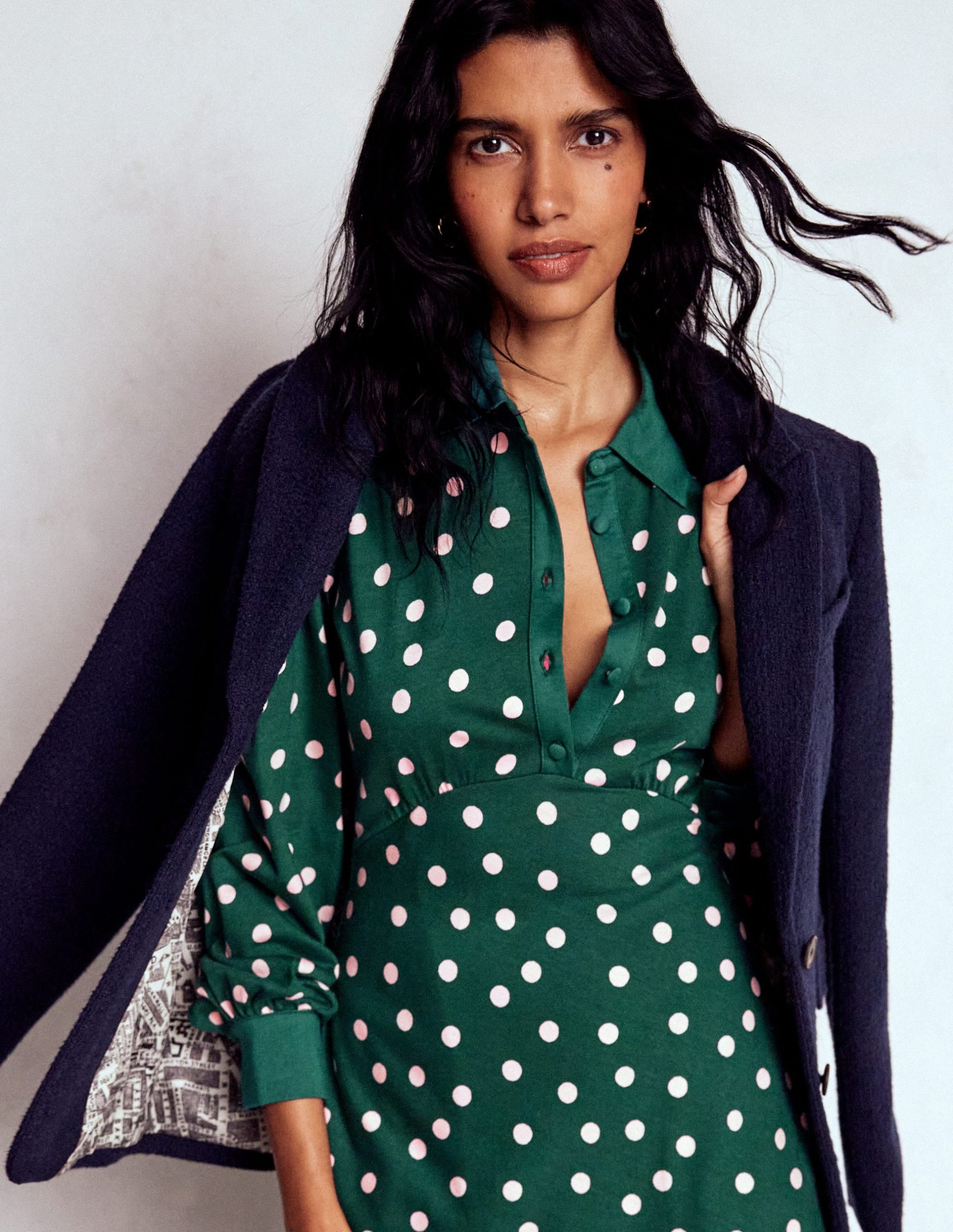 Empire Waistline Shirt Dress-Emerald Night. Painted Dot - Image 5