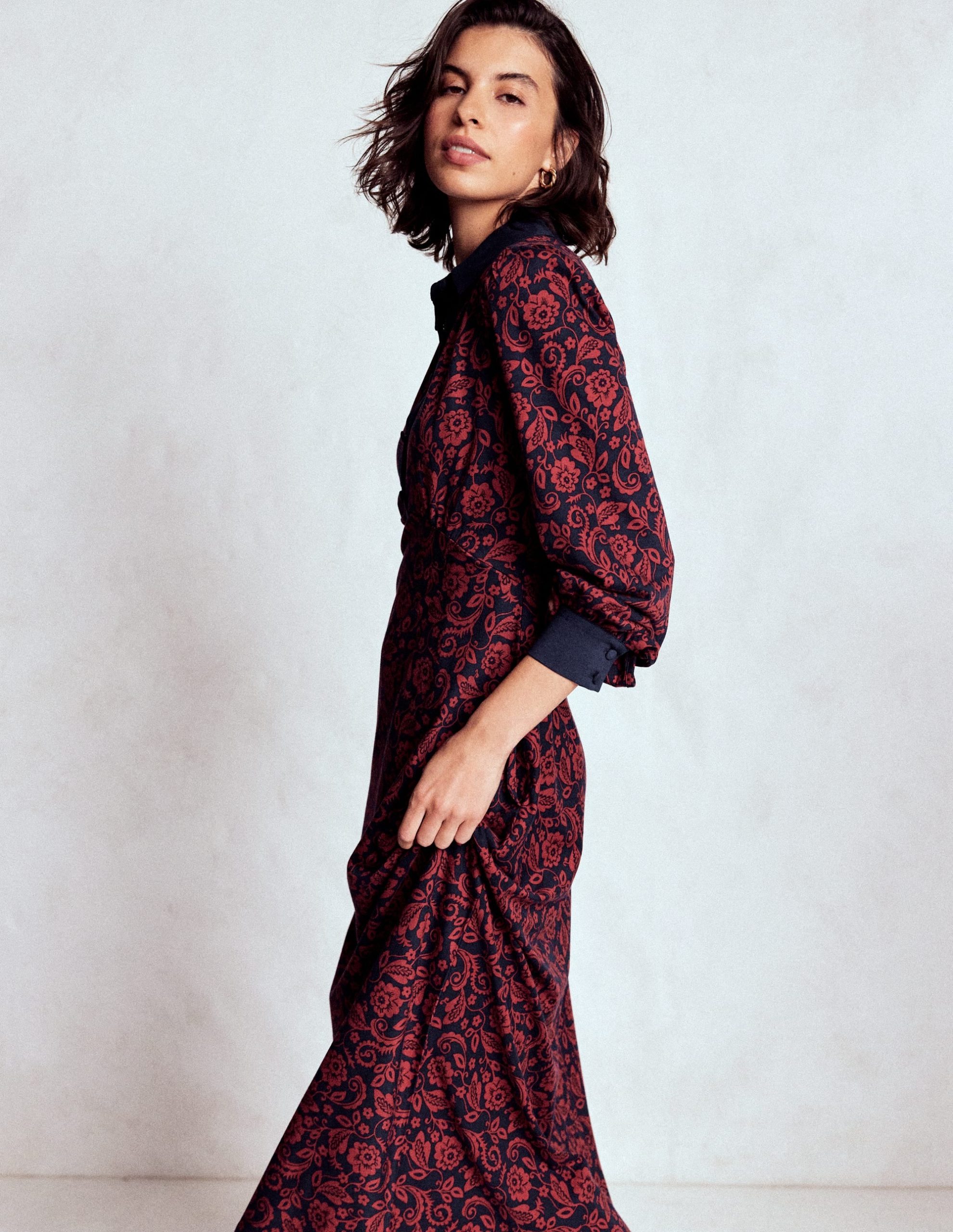 Empire Waistline Shirt Dress-Red. Ornate Flora - Image 5