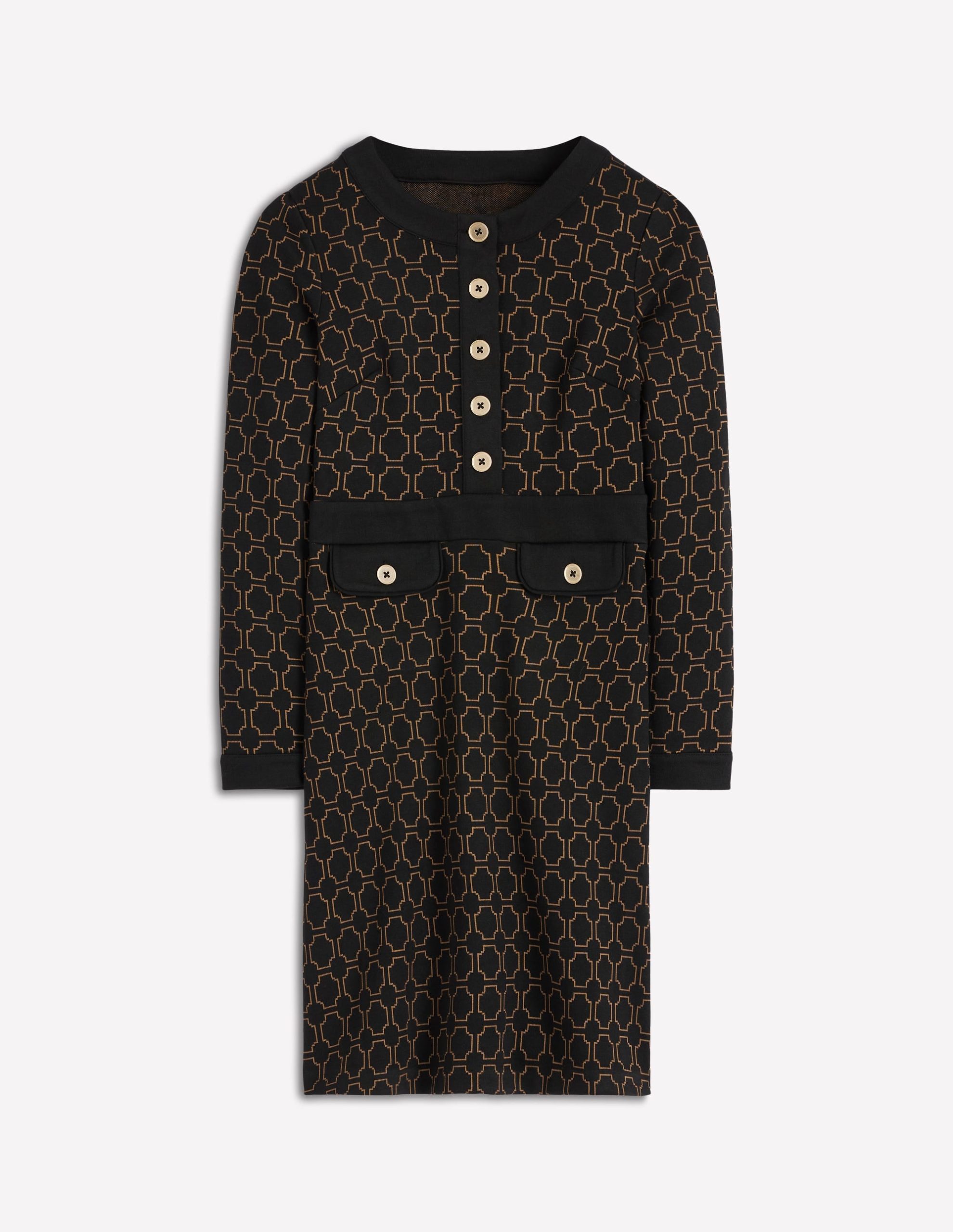 Lavinia Button Shift Dress-Black/Camel Jacquard - Image 5