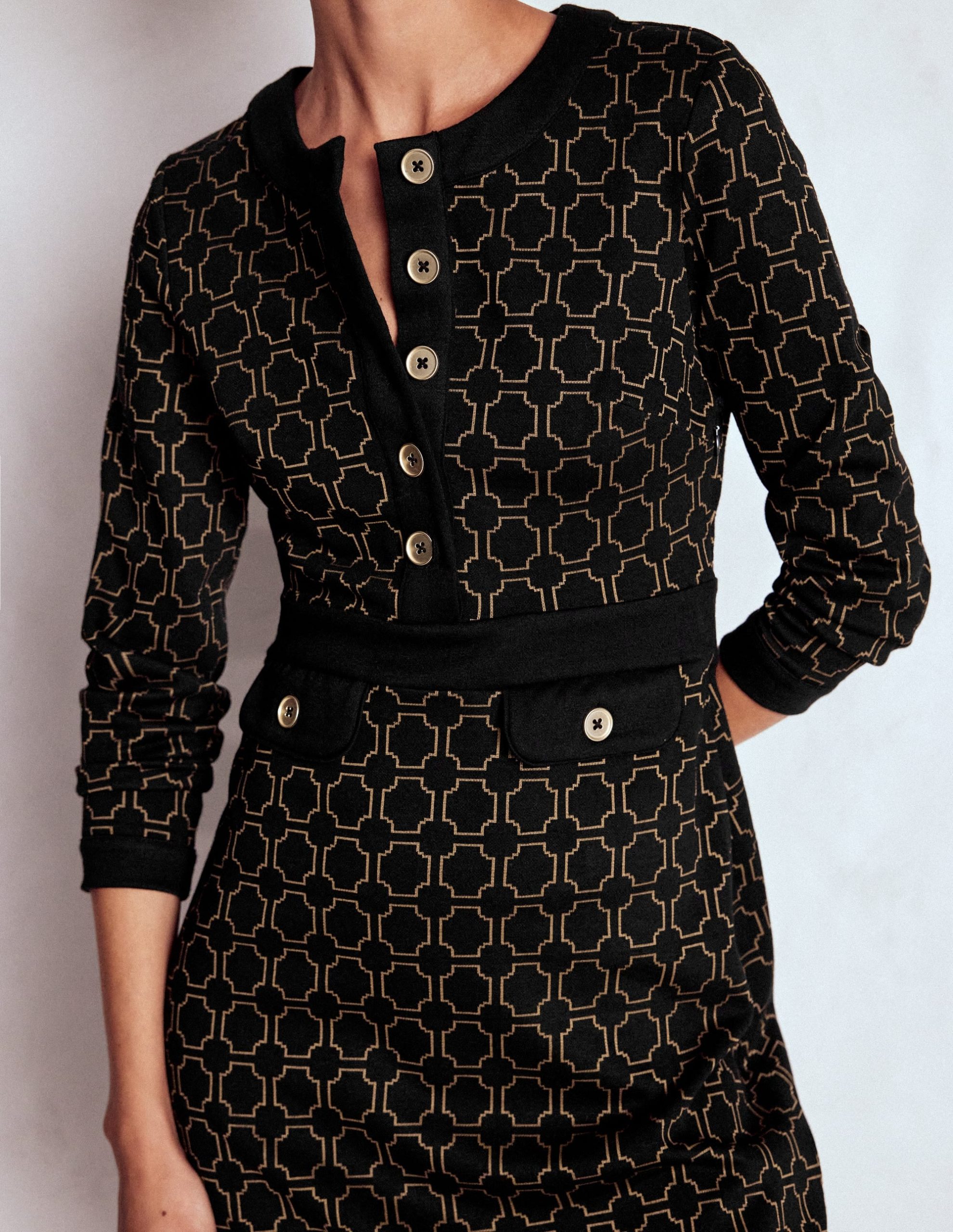 Lavinia Button Shift Dress-Black/Camel Jacquard - Image 2