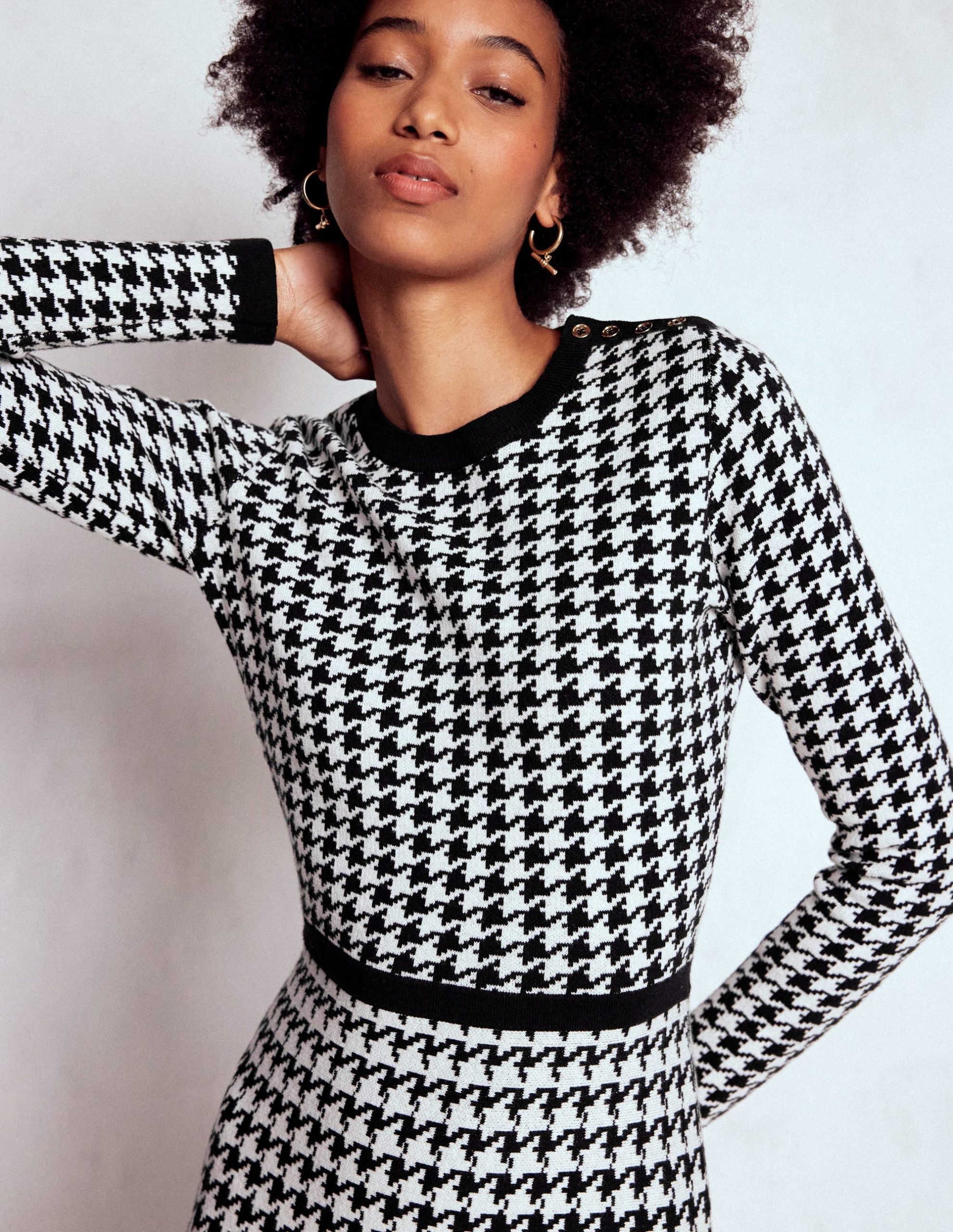 Maria Button Knitted Dress-Black and Ivory Dogstooth - Image 2