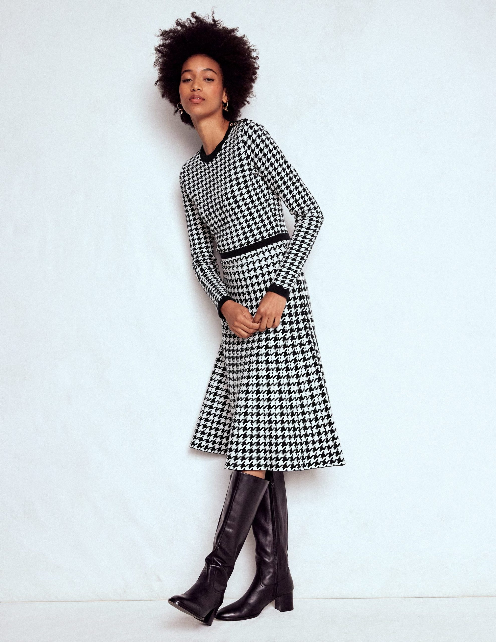 Maria Button Knitted Dress-Black and Ivory Dogstooth - Image 4