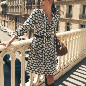 Tie Neck Short Dress-French Navy. Geo Swan