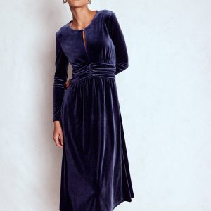 Tilda Velvet Midi Dress-Navy