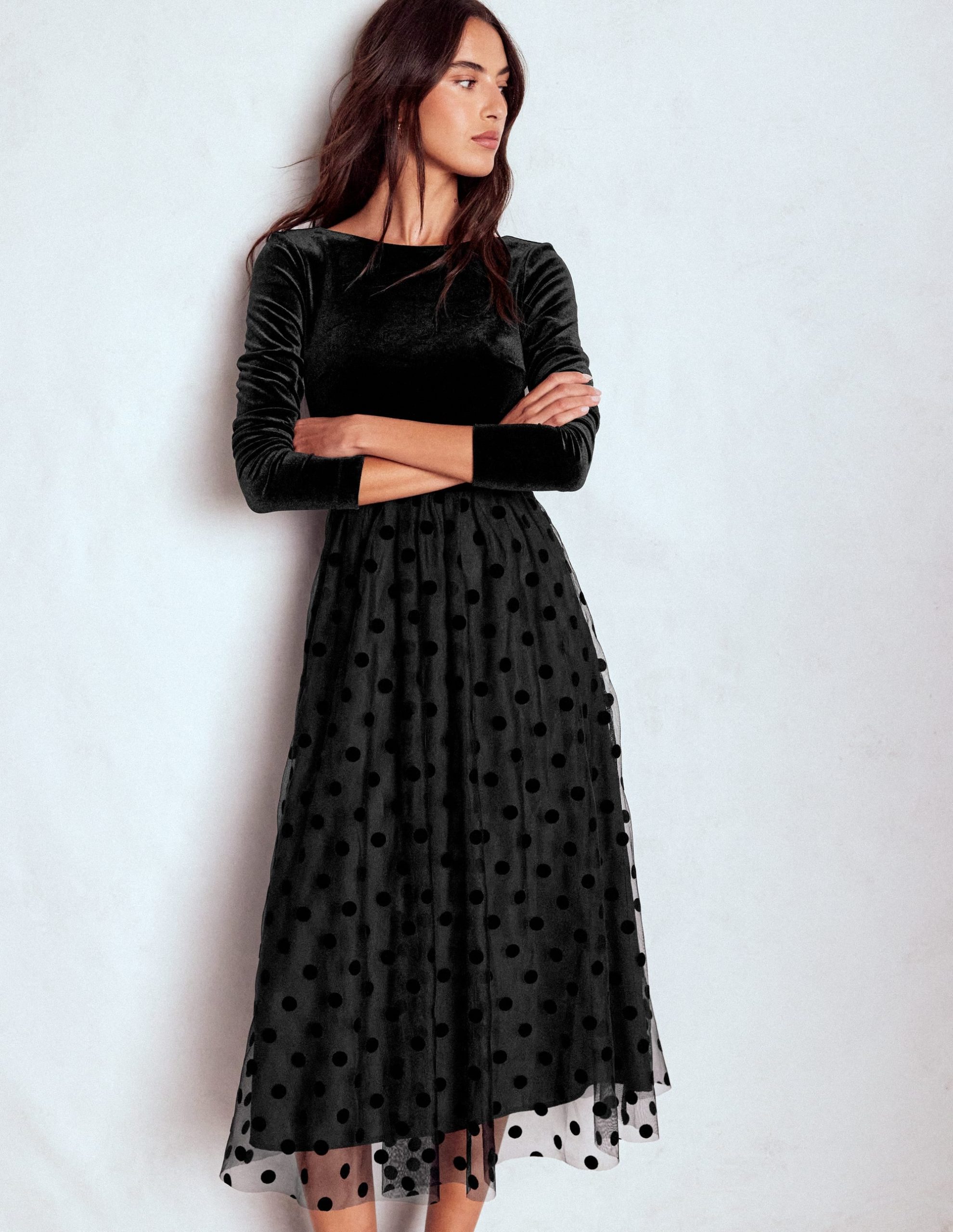 Velvet Bodice Jersey Dress-Black - Image 6