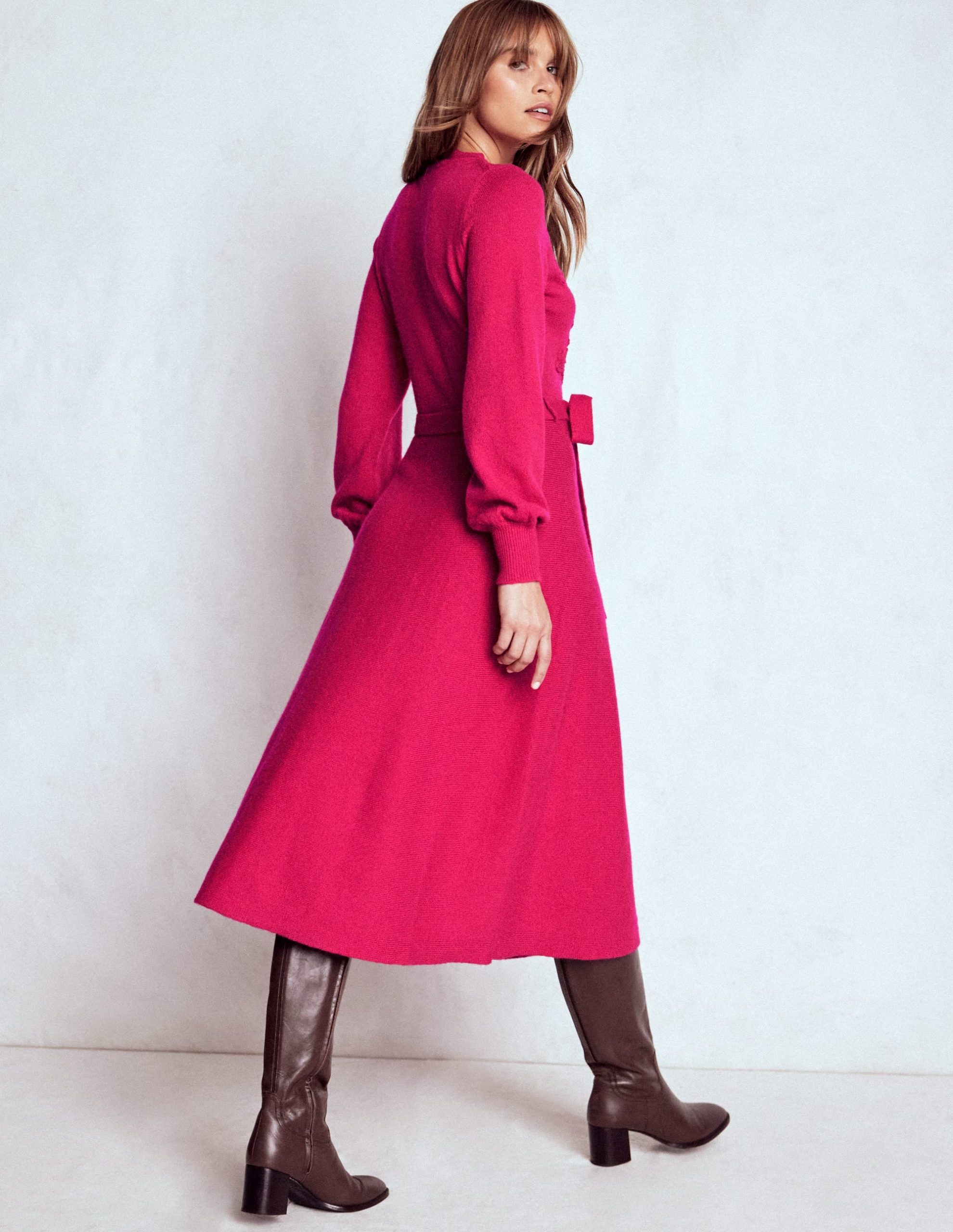 Lace Insert Knitted Midi Dress-Vibrant Pink - Image 3