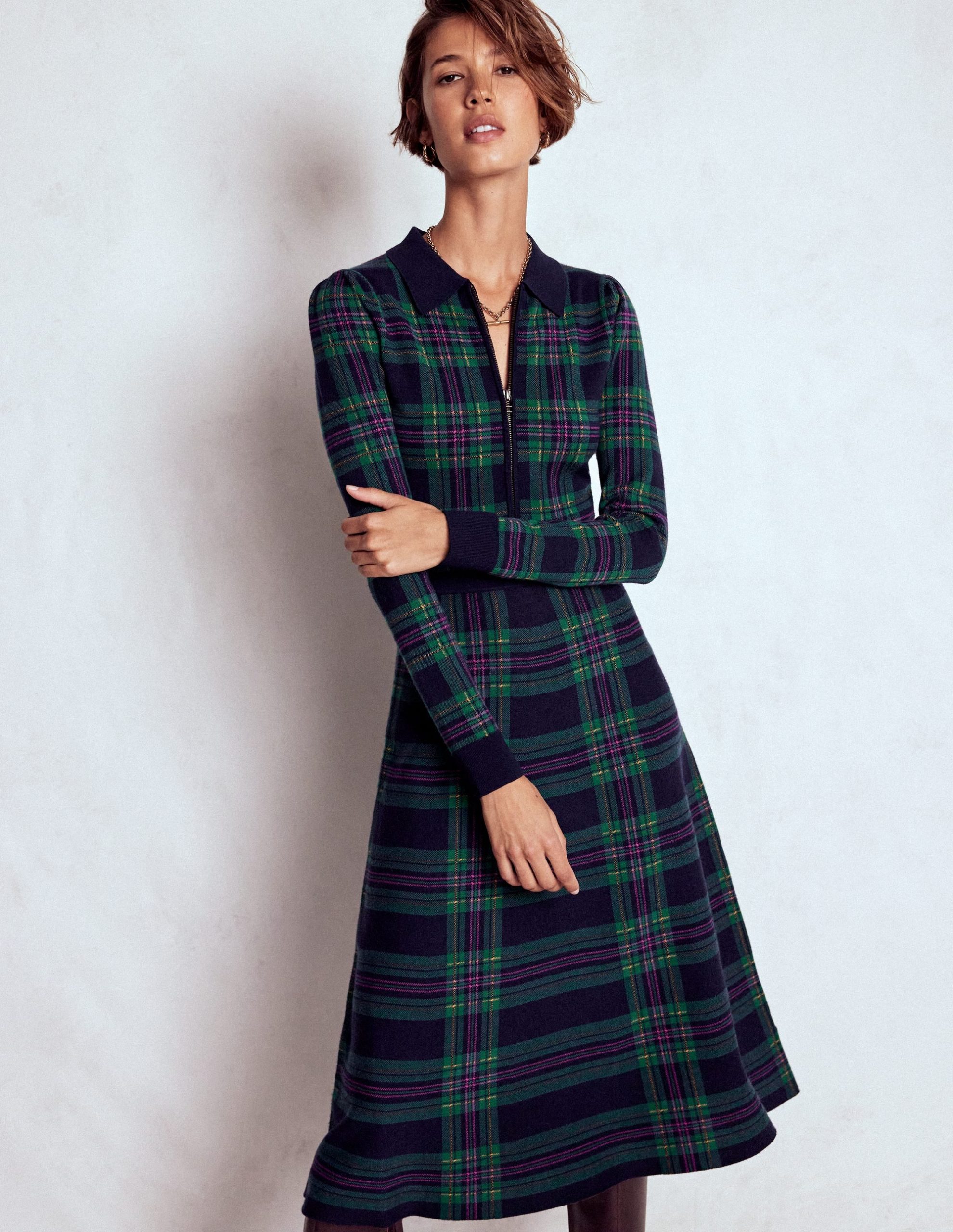 Fiona Zip Front Knitted Dress-Green Check - Image 5
