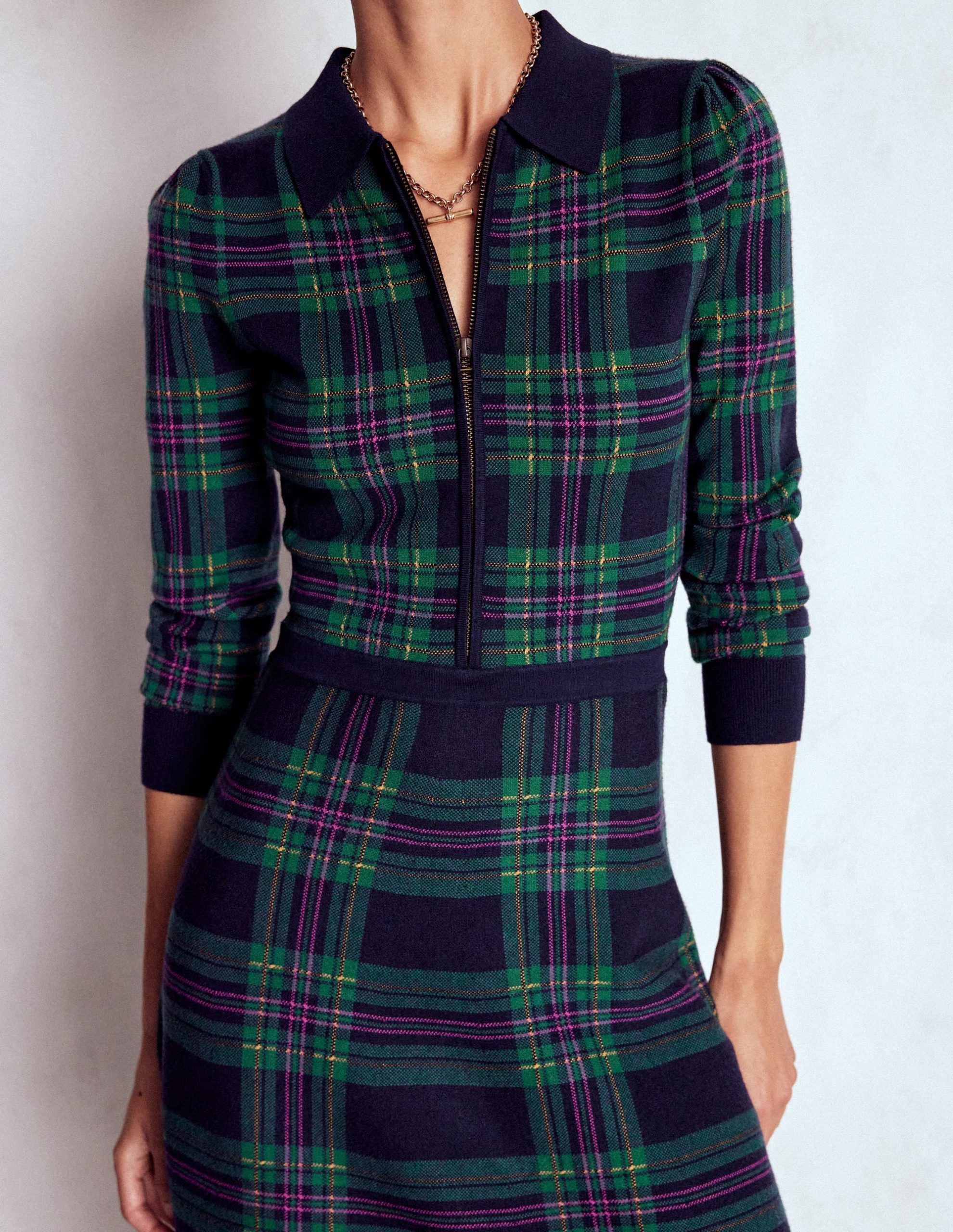 Fiona Zip Front Knitted Dress-Green Check - Image 6