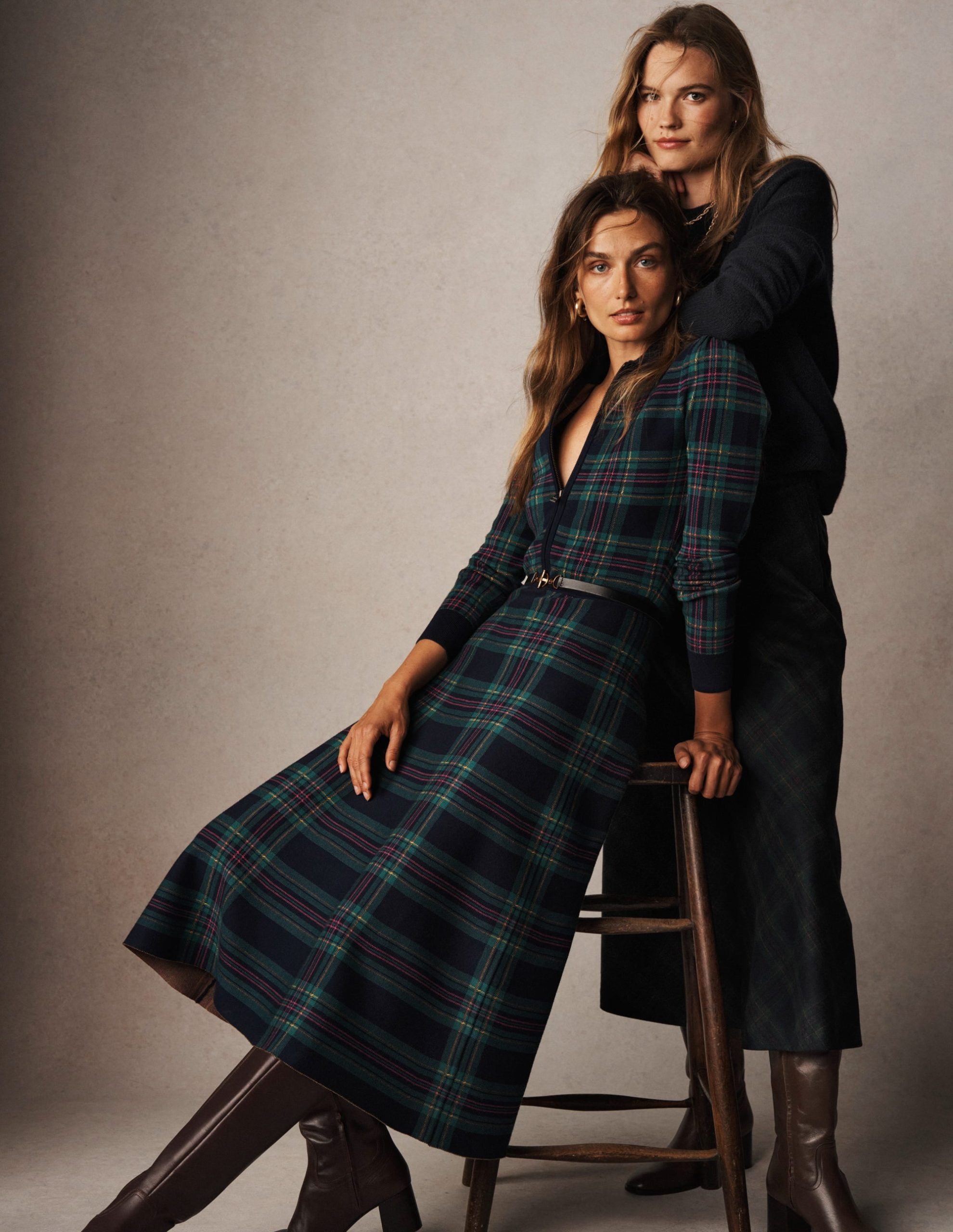 Fiona Zip Front Knitted Dress-Green Check