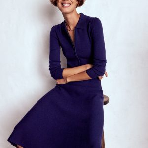 Fiona Zip Front Knitted Dress-Navy