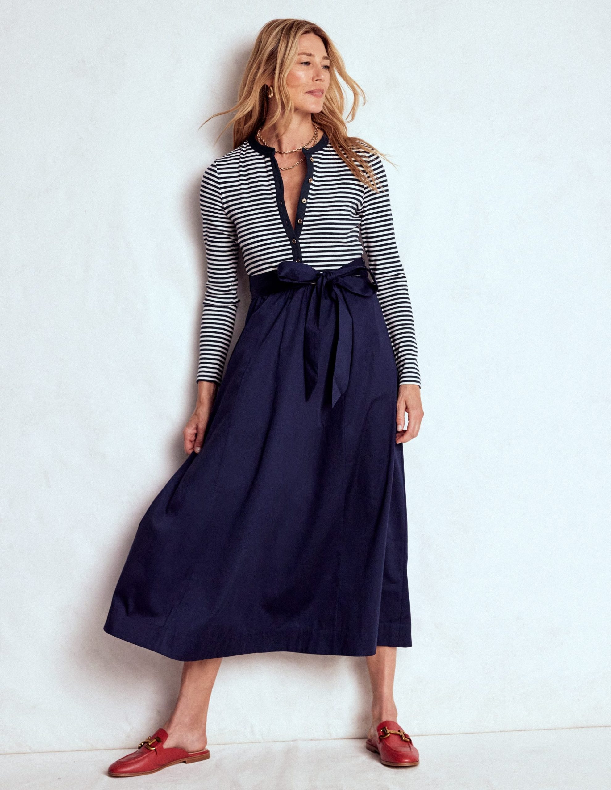 Button Detail Mix Dress-Navy Stripe - Image 4