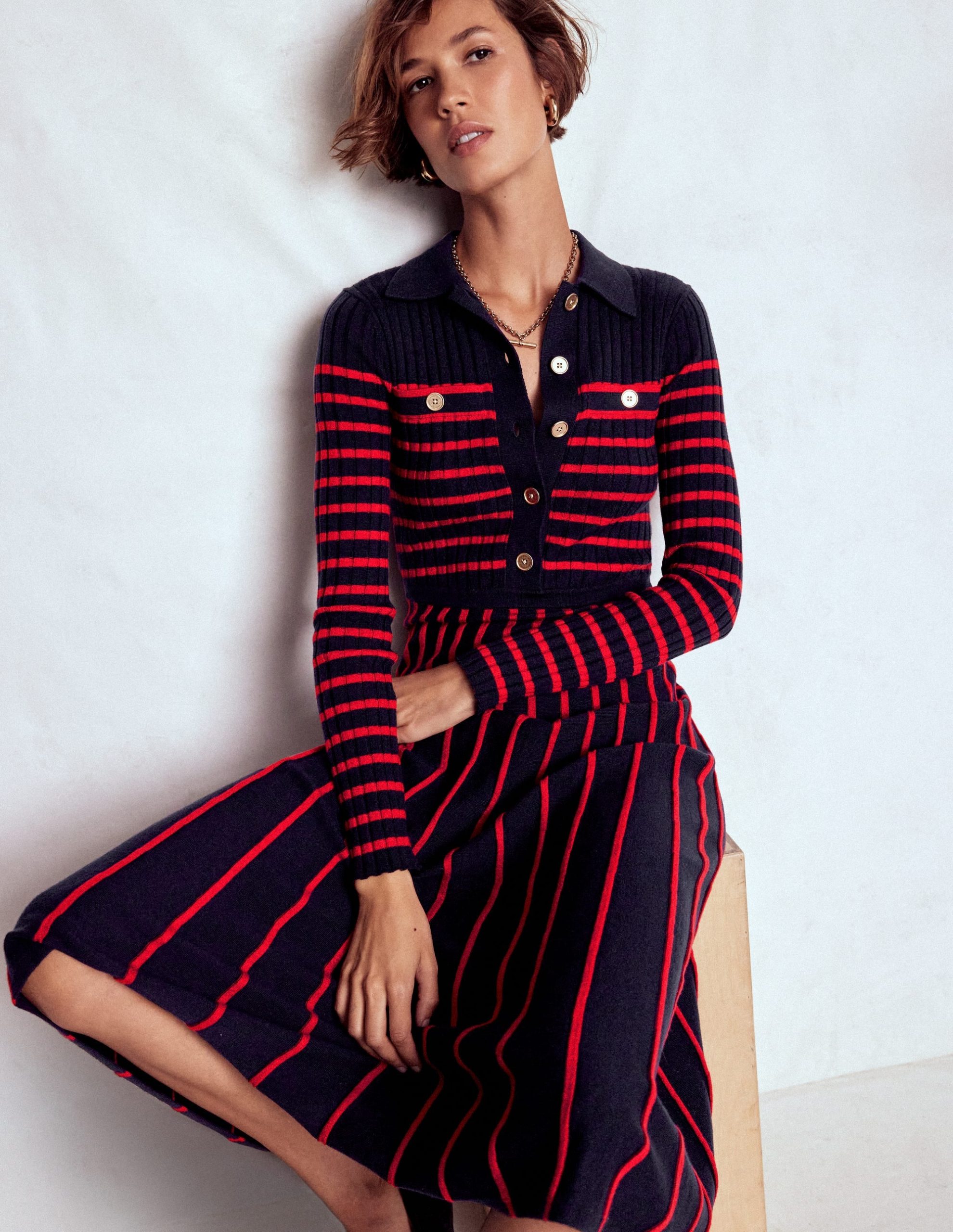 Brönte Knitted Rib Shirt Dress-Navy and Red Stripe - Image 2