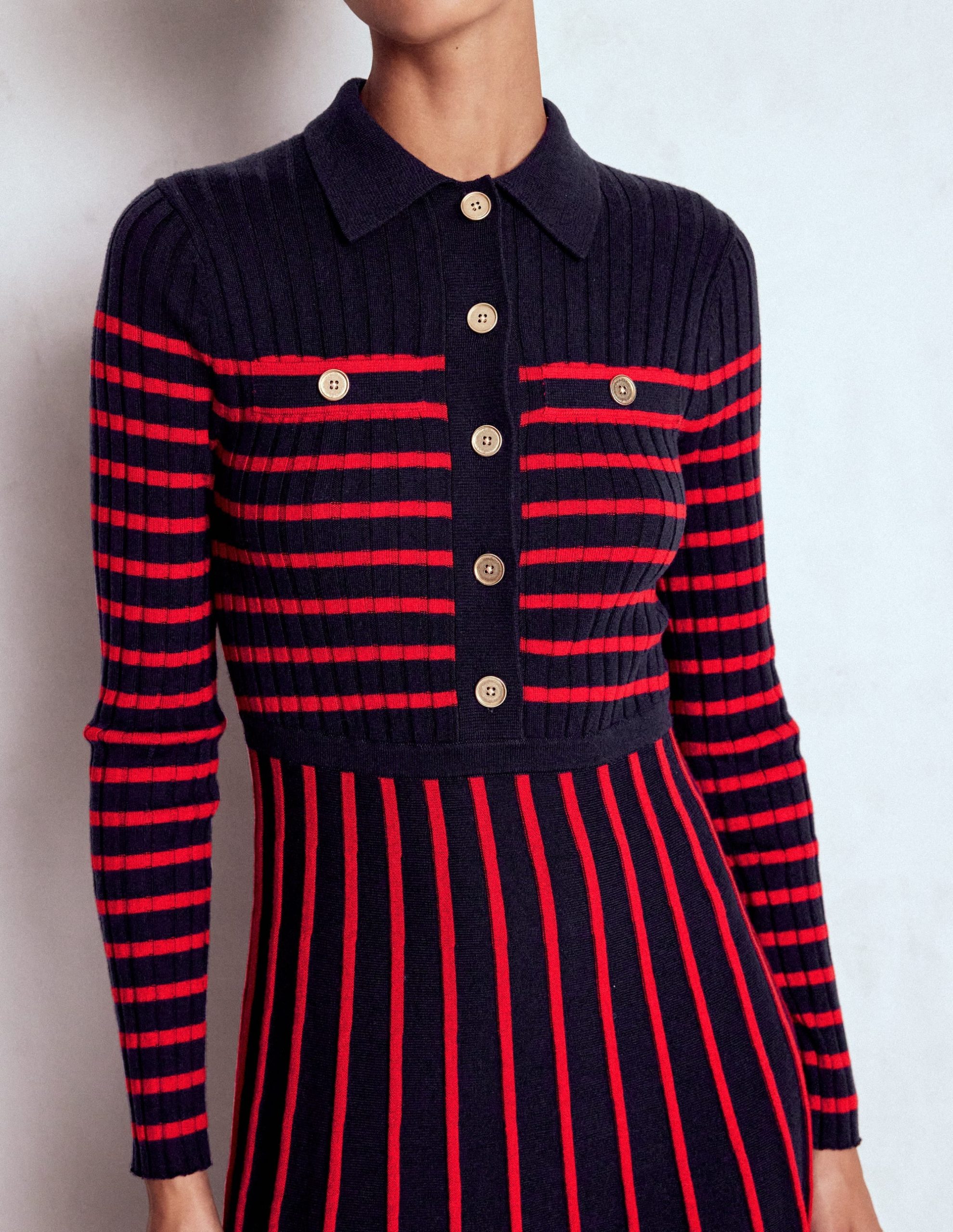 Brönte Knitted Rib Shirt Dress-Navy and Red Stripe - Image 3
