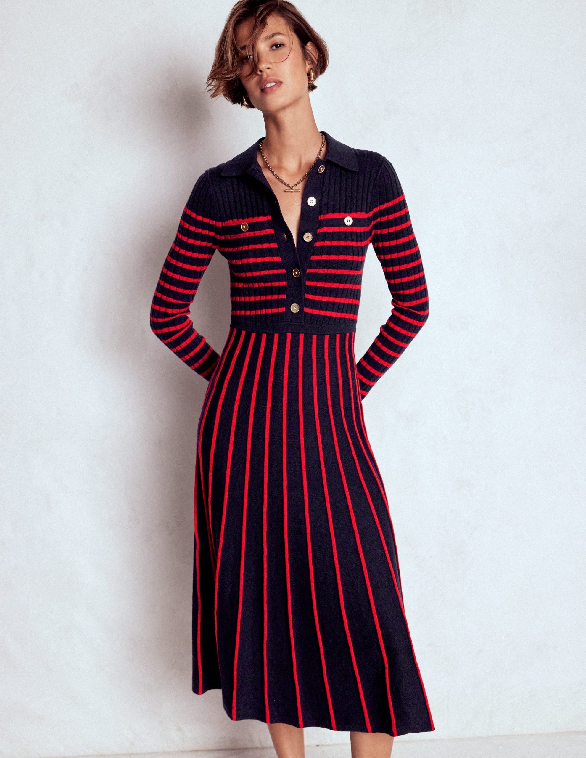 Brönte Knitted Rib Shirt Dress-Navy and Red Stripe - Image 5