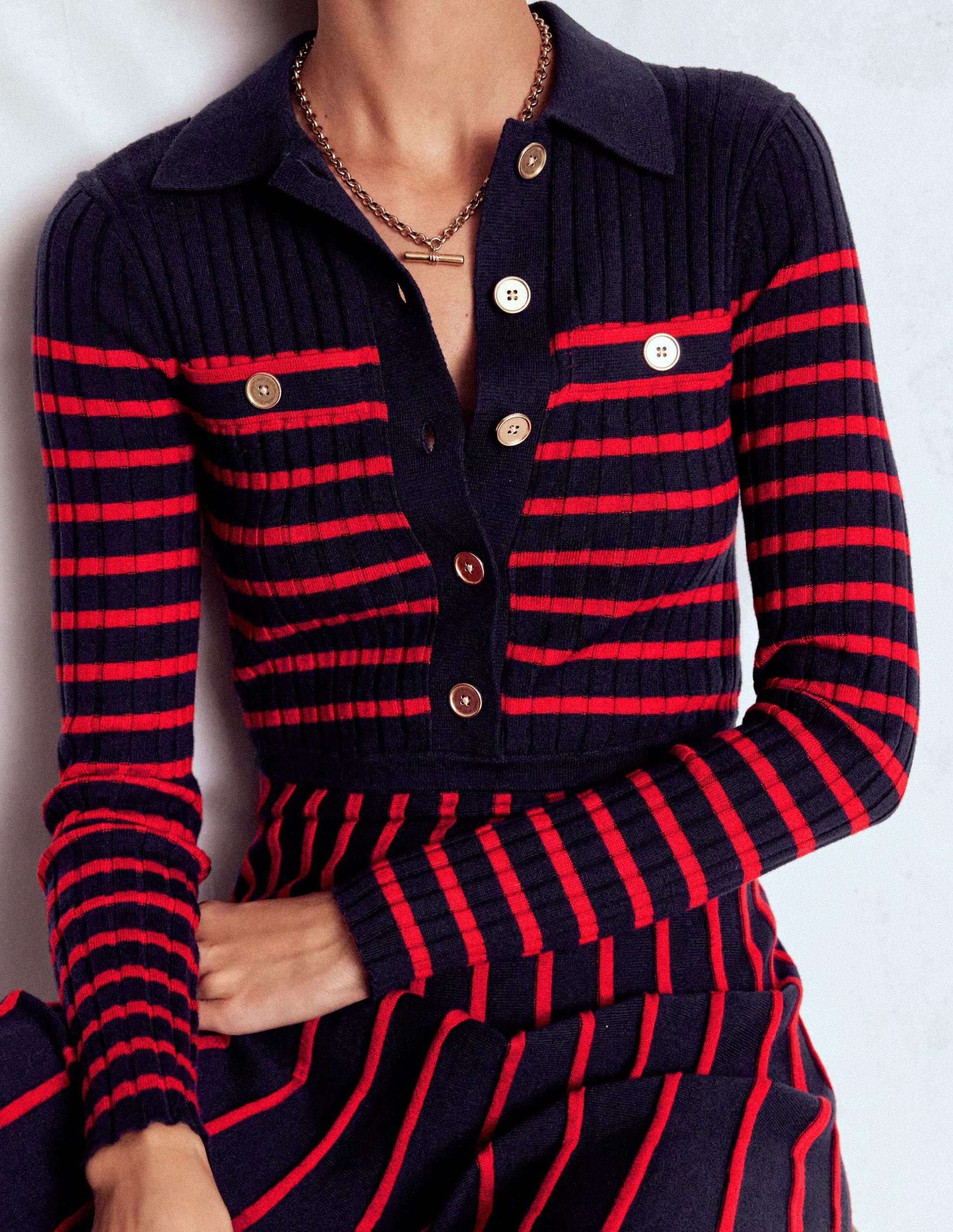 Brönte Knitted Rib Shirt Dress-Navy and Red Stripe - Image 6