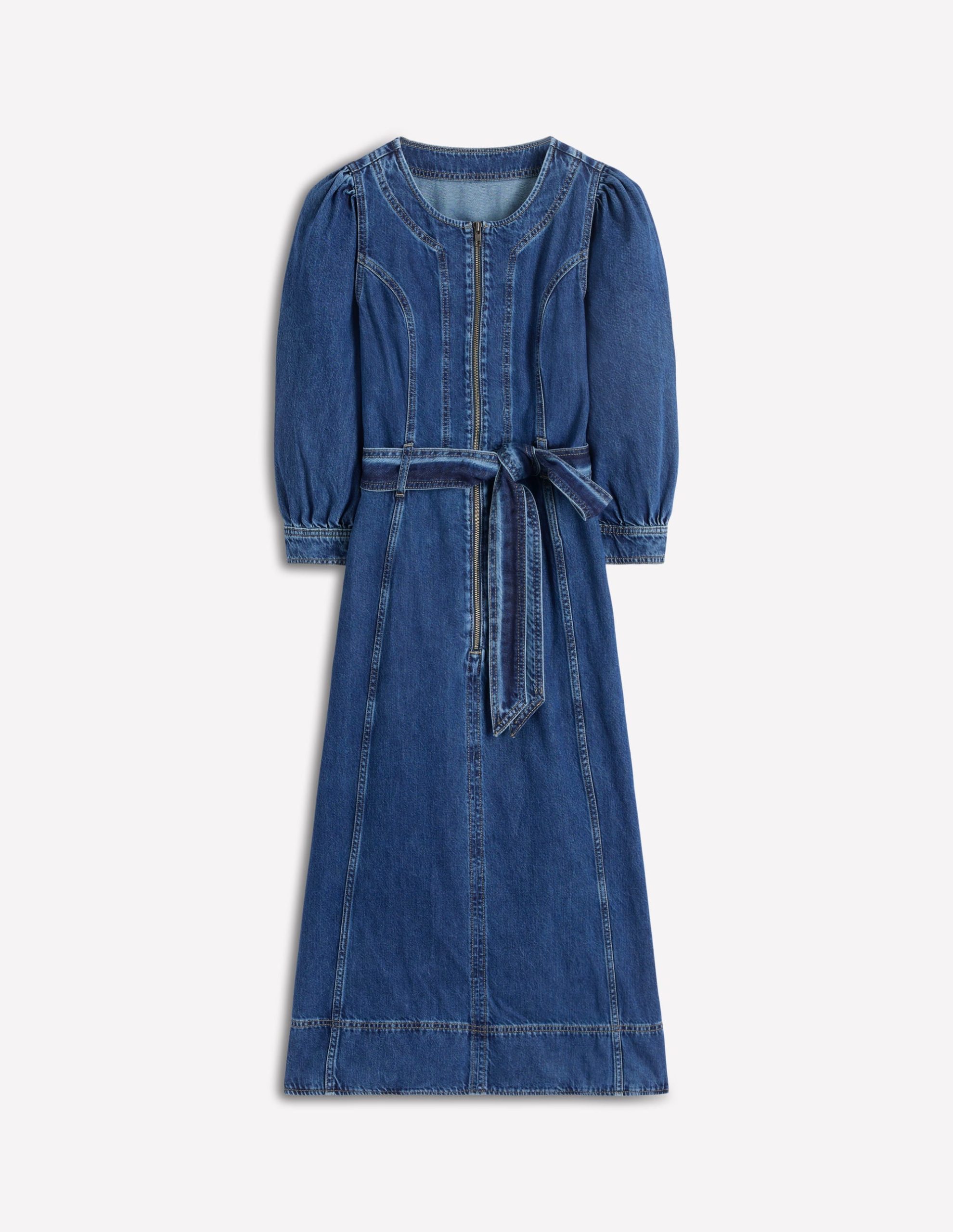 Zip Puff Sleeve Denim Dress-Dark Wash - Image 5