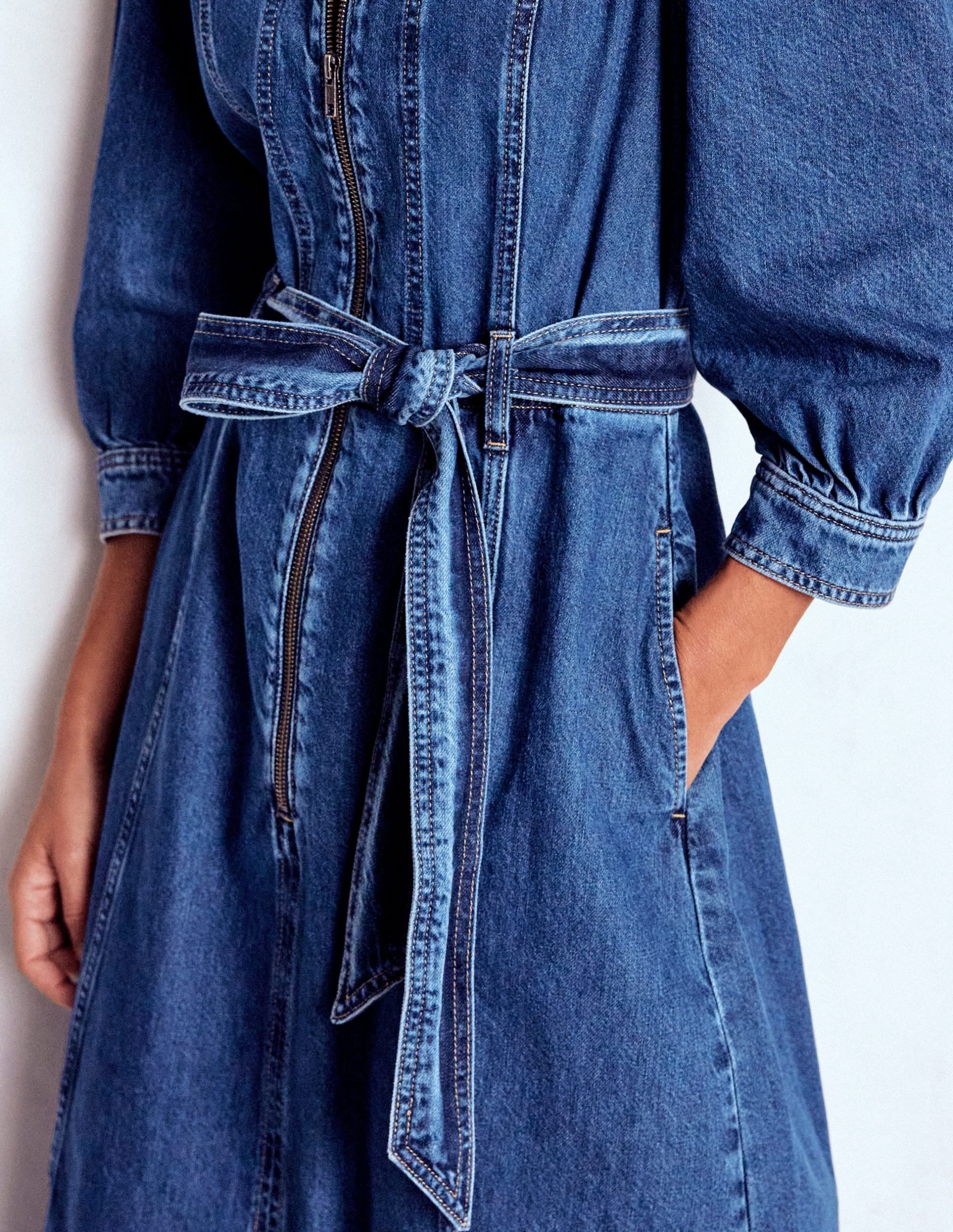Zip Puff Sleeve Denim Dress-Dark Wash - Image 2