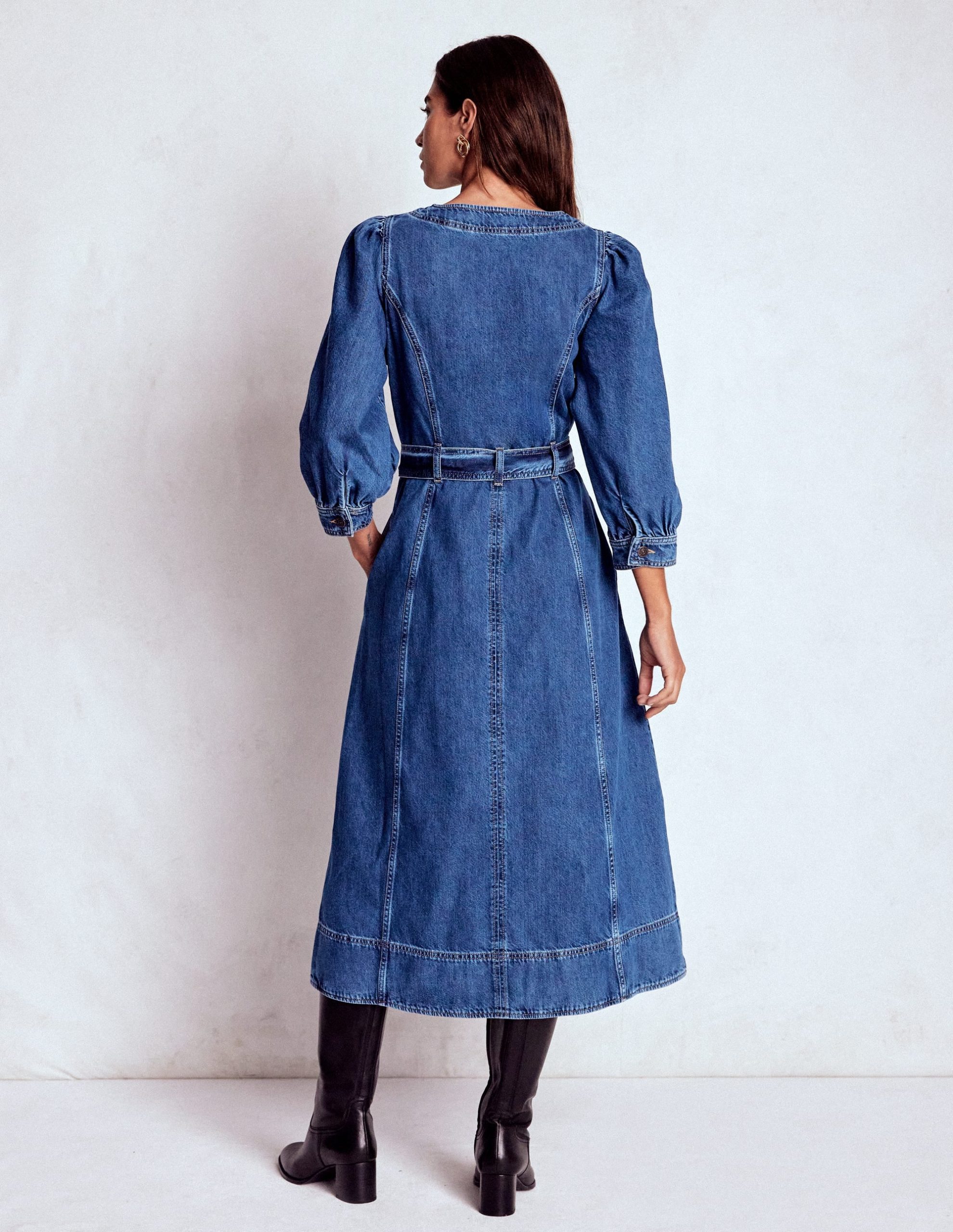 Zip Puff Sleeve Denim Dress-Dark Wash - Image 3