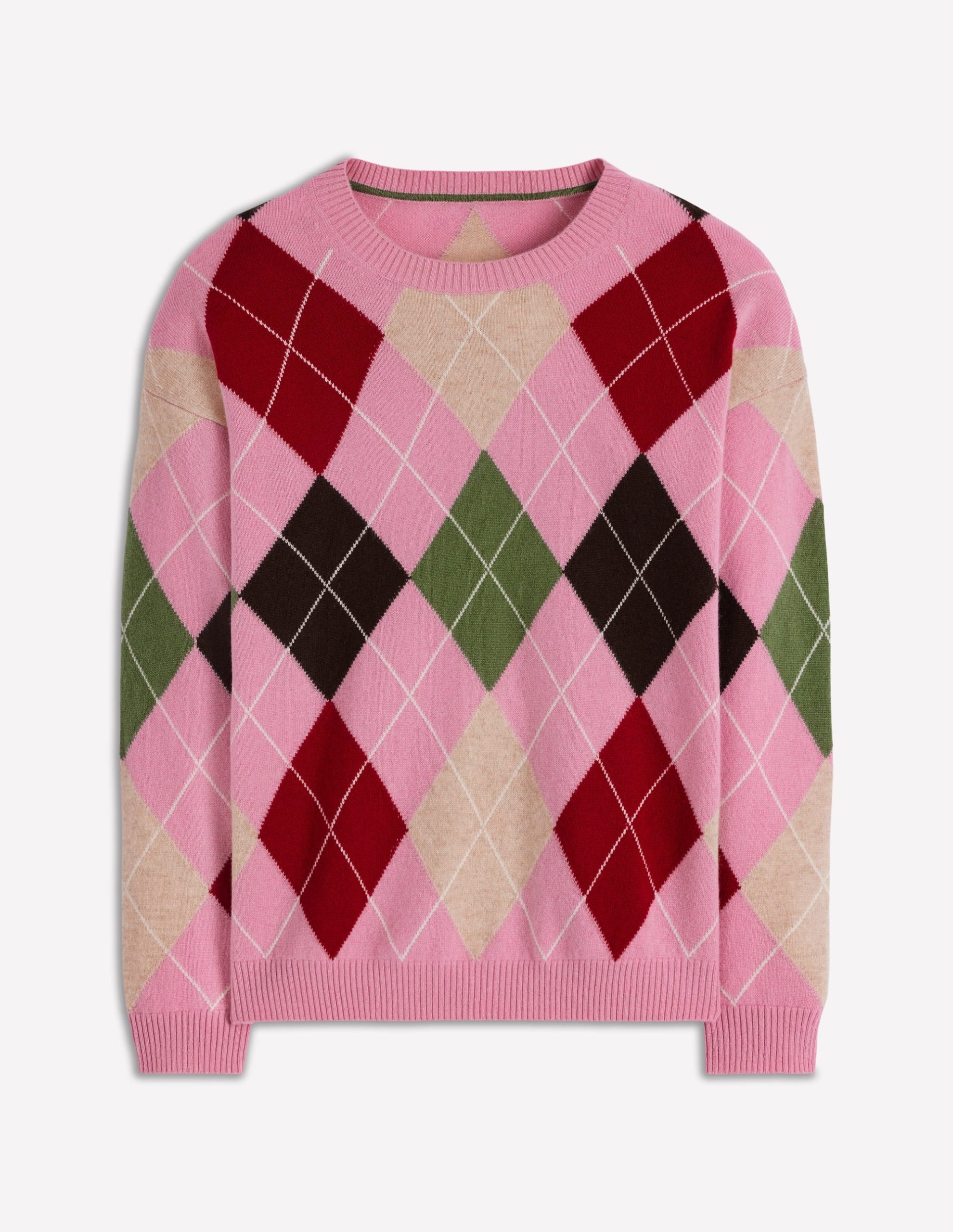 Lydia Cashmere Jumper-Pink. Brown and Green Argyle - Image 5