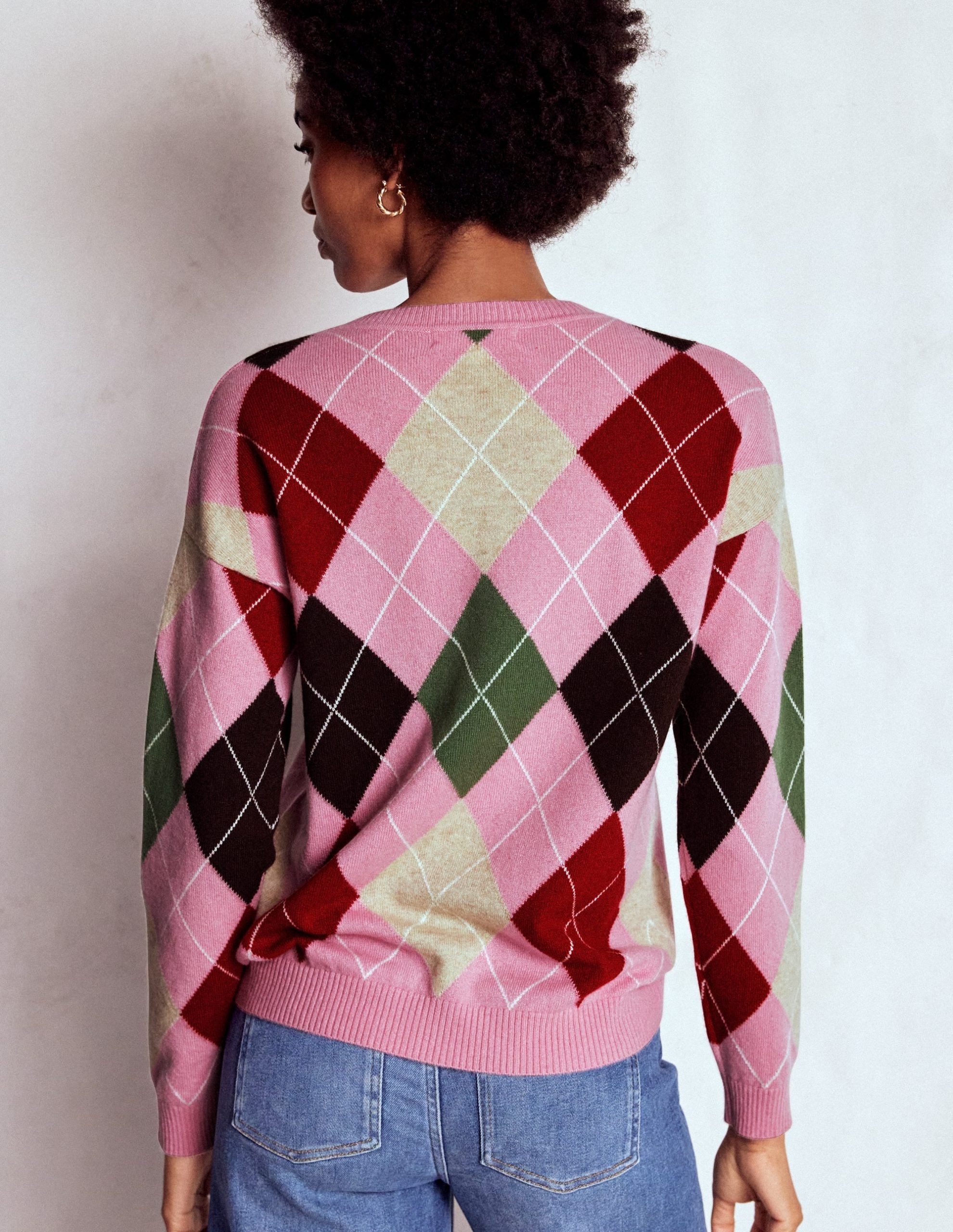 Lydia Cashmere Jumper-Pink. Brown and Green Argyle - Image 3