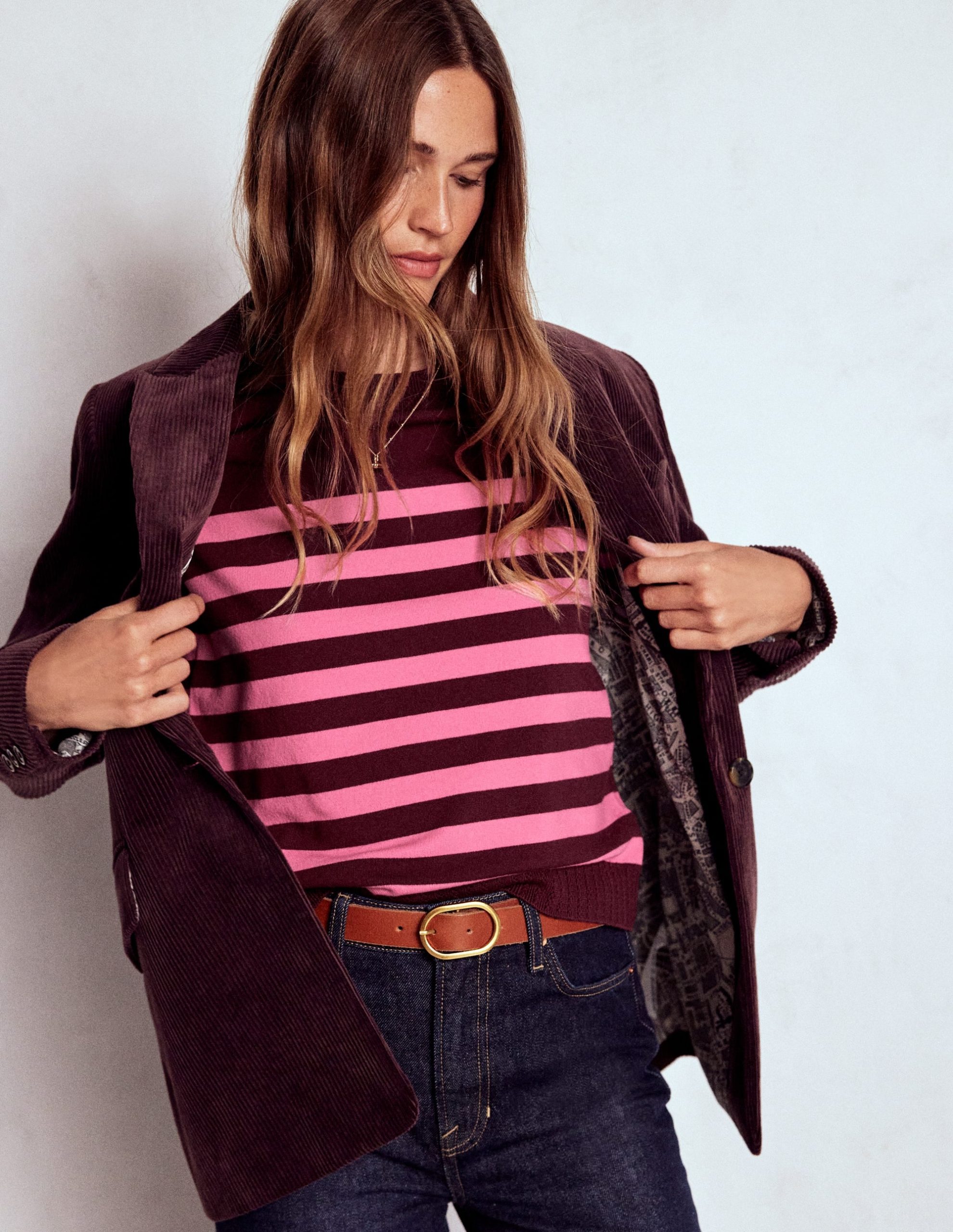 Emilia Cotton Crew Sweater-Chestnut/Pink Stripe - Image 3