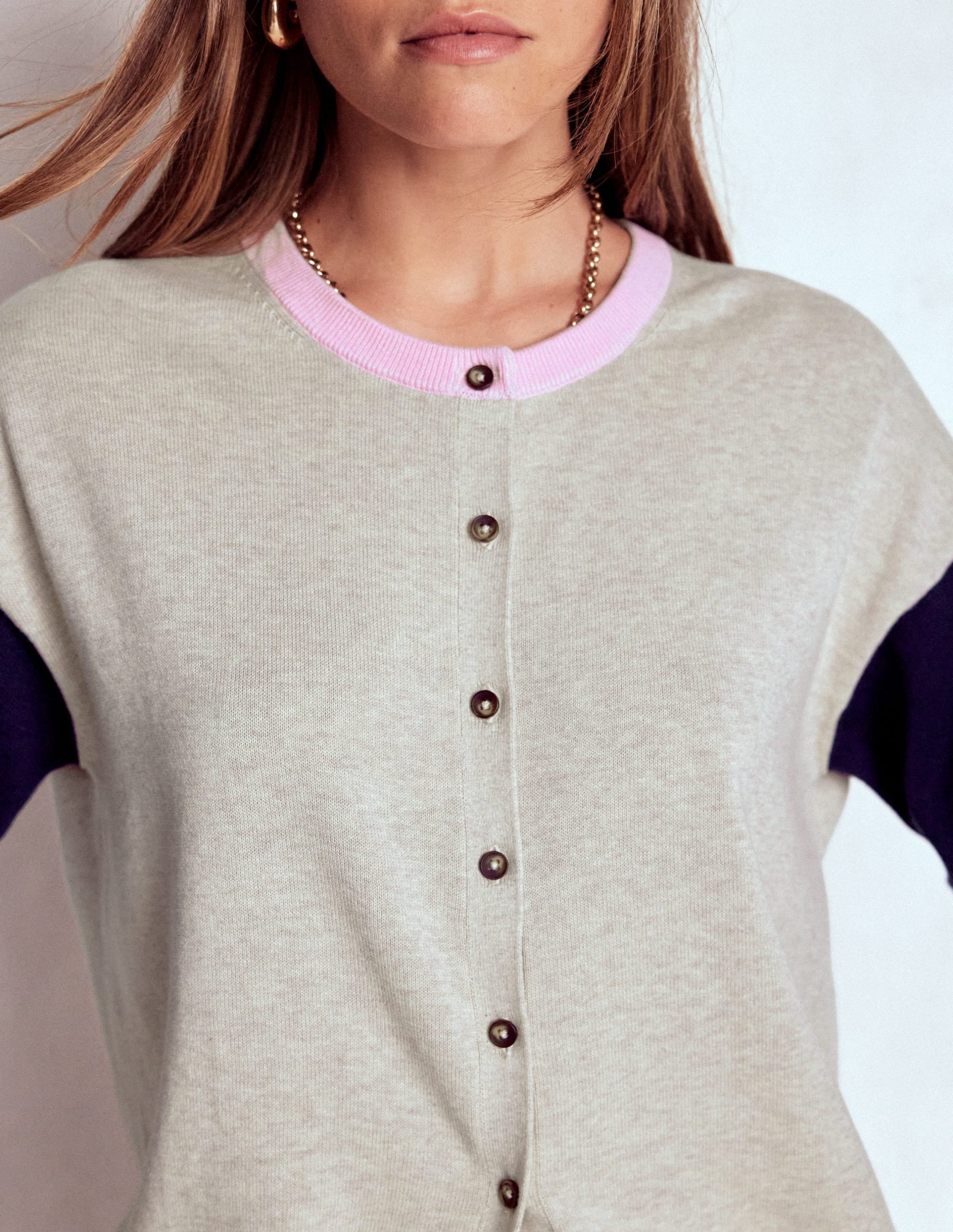 Lara Relaxed Cotton Cardigan-Oatmeal Melange. Navy - Image 2