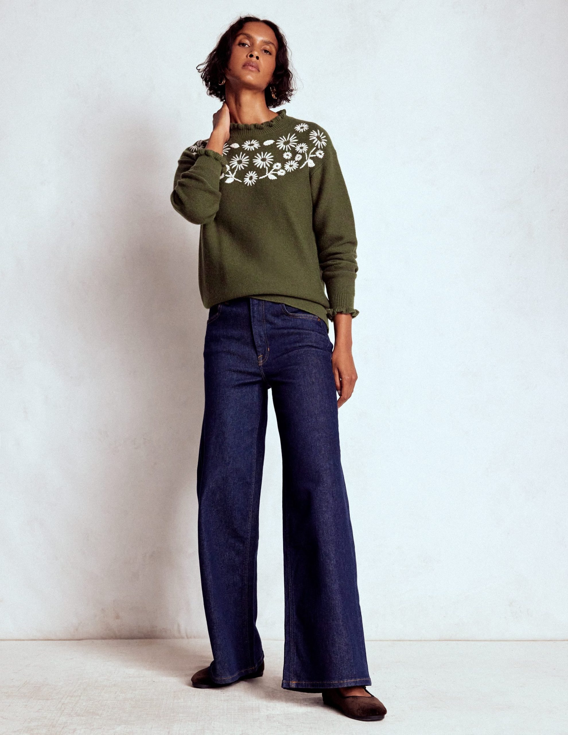 Embroidered Frill Sweater-Woodland Green Melange - Image 4