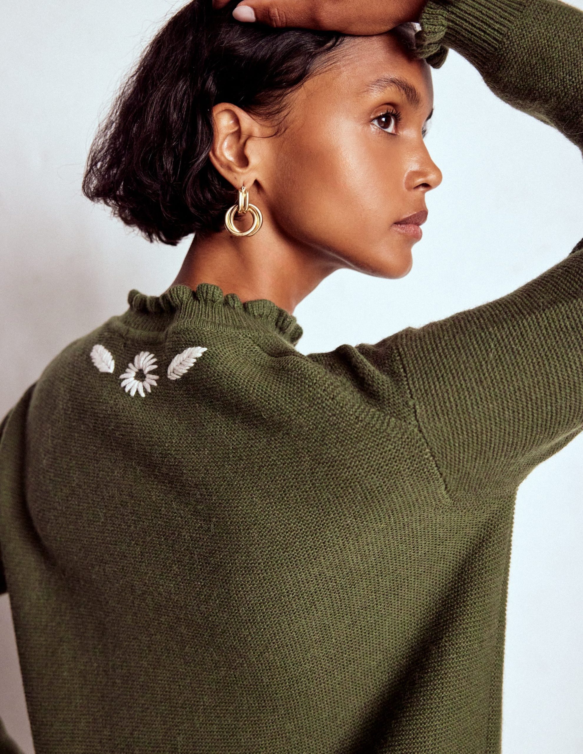 Embroidered Frill Sweater-Woodland Green Melange - Image 5