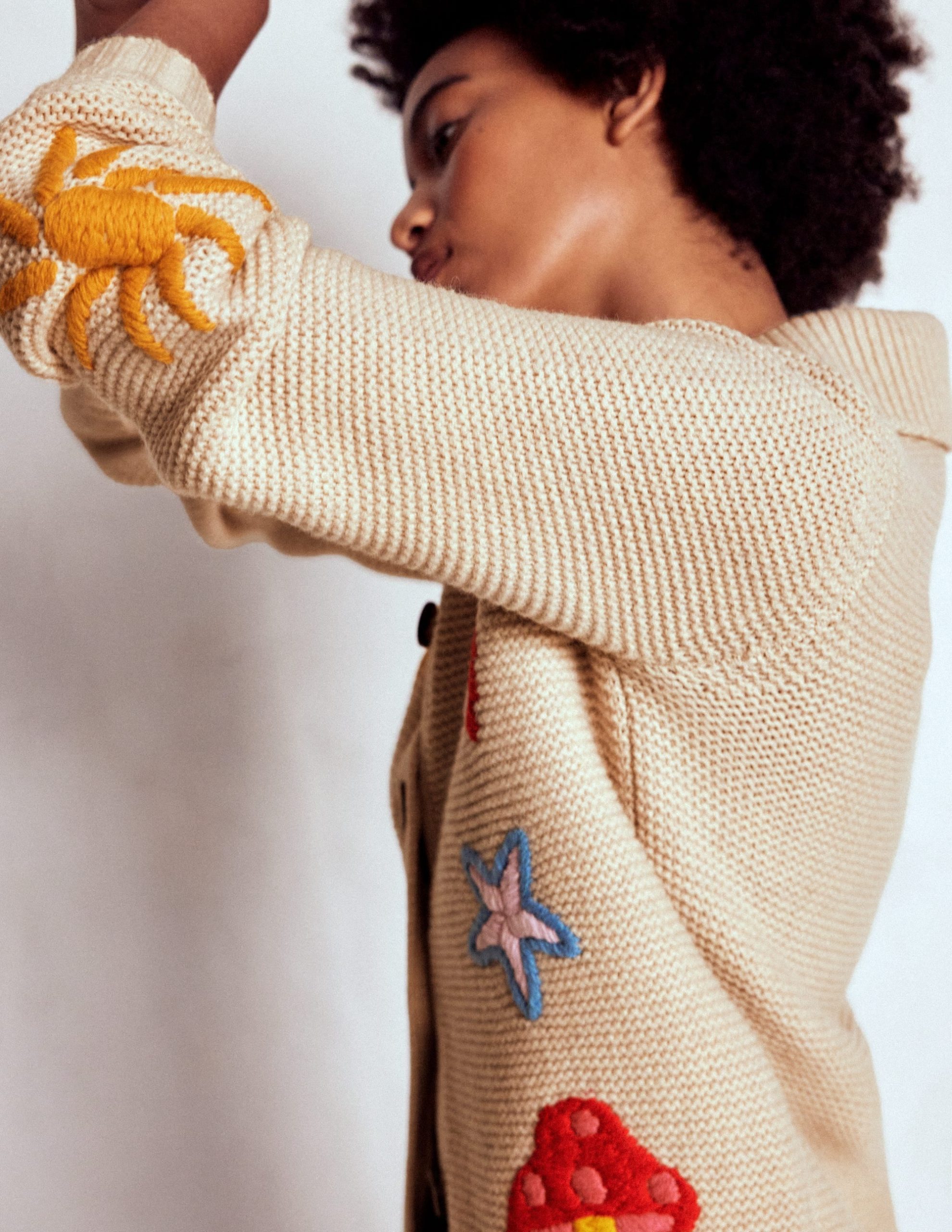 Embroidered Collared Cardigan-Ecru Marl - Image 2